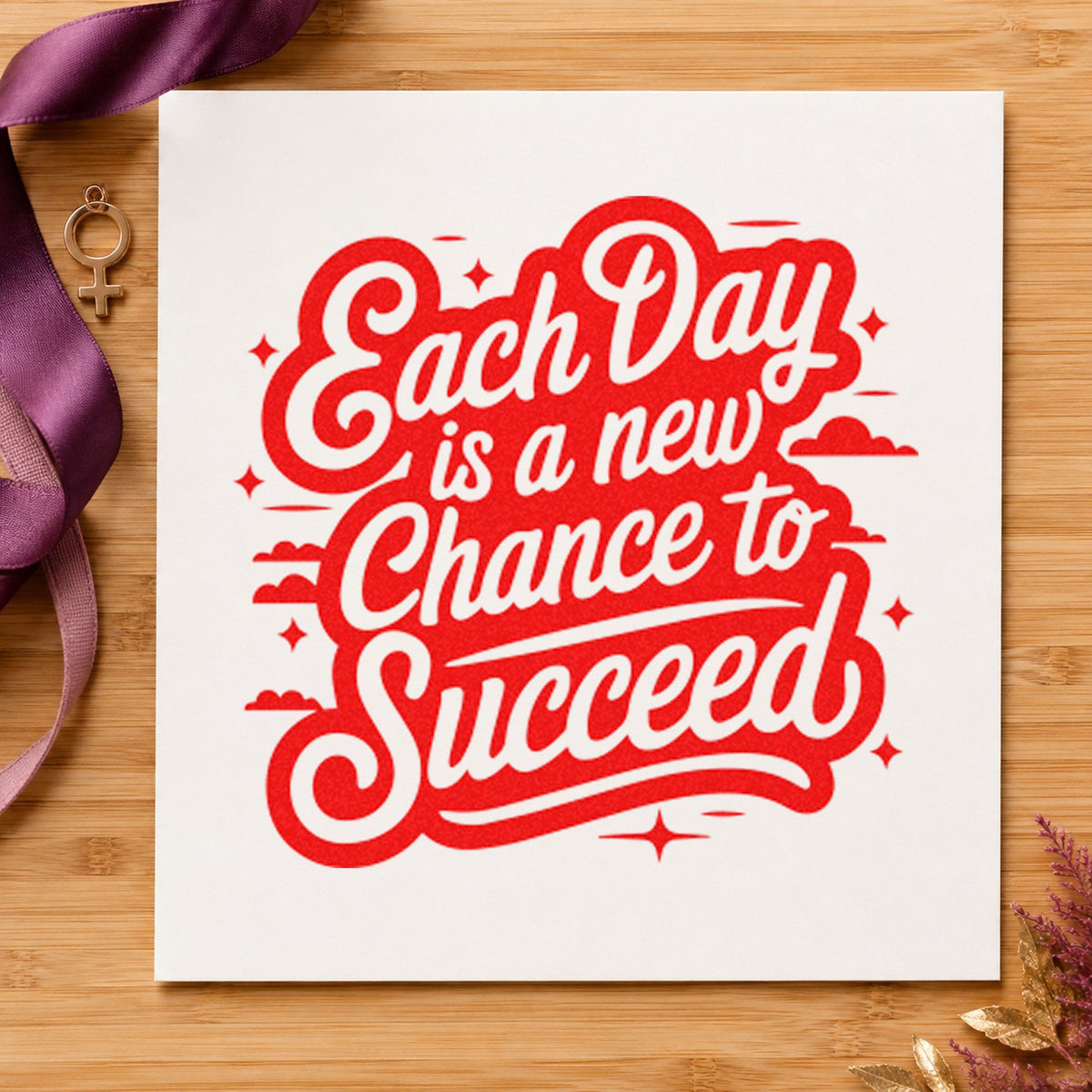 Each Day Chance Succeed craft stamp imprint in red ink on a handmade project, one idea being customer note cards.