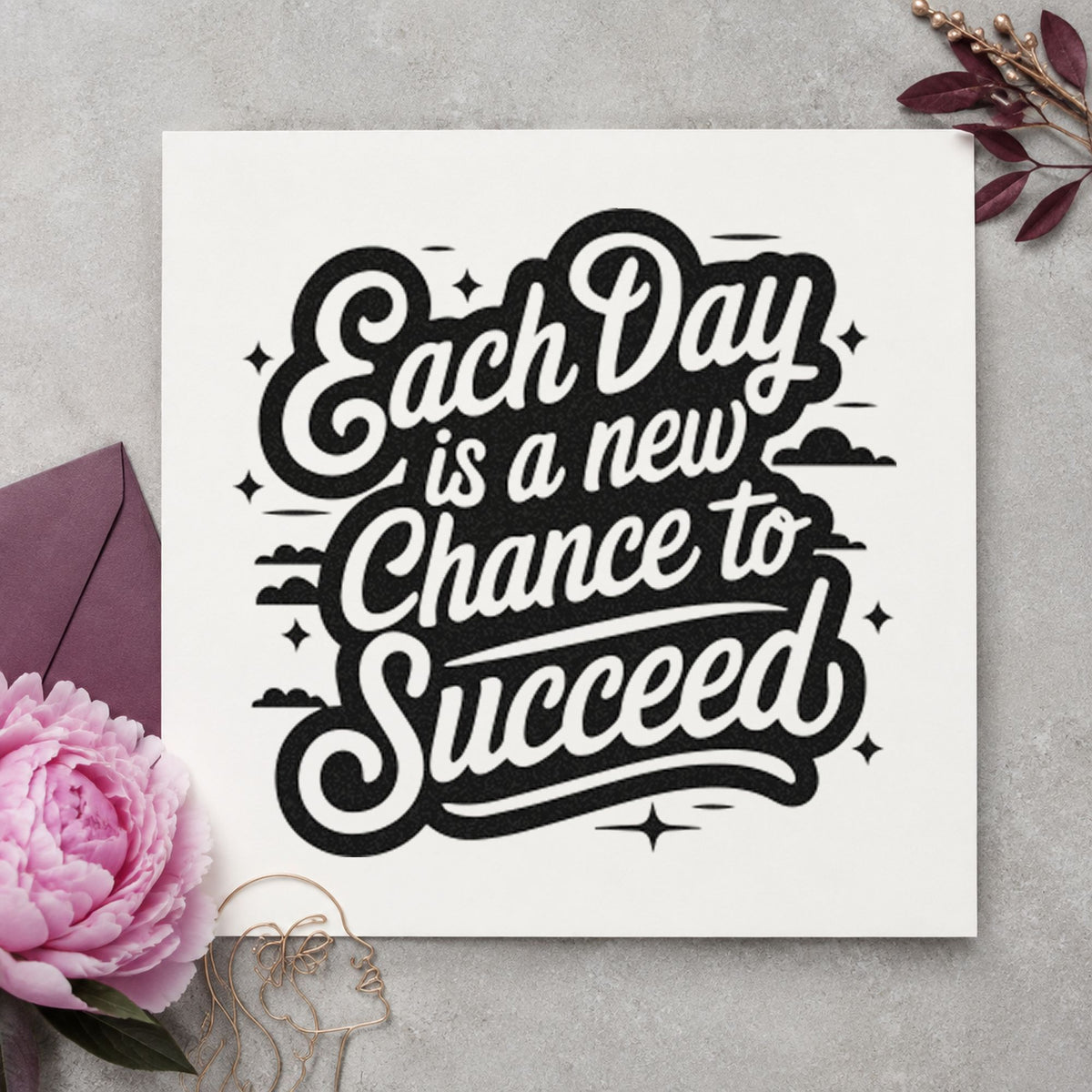 Each Day Chance Succeed rubber stamp printed in black ink, ready for cloud sparkle cards and similar paper crafts.