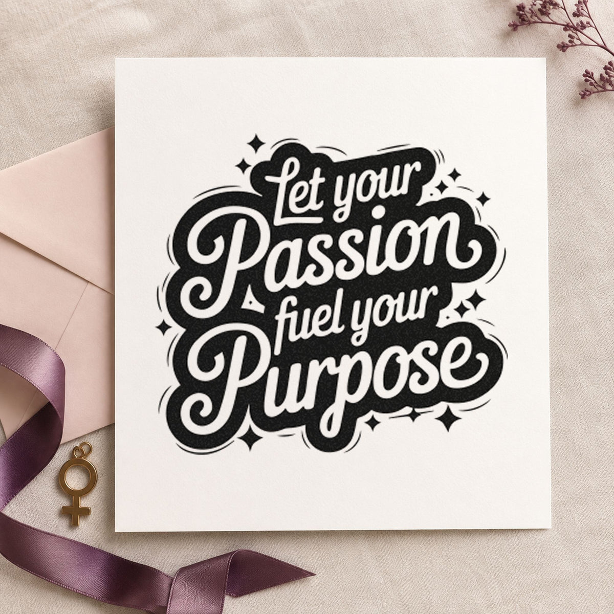 Passion Fuel Your Purpose craft stamp imprint in black ink on a handmade project, one idea being materials gift tags.