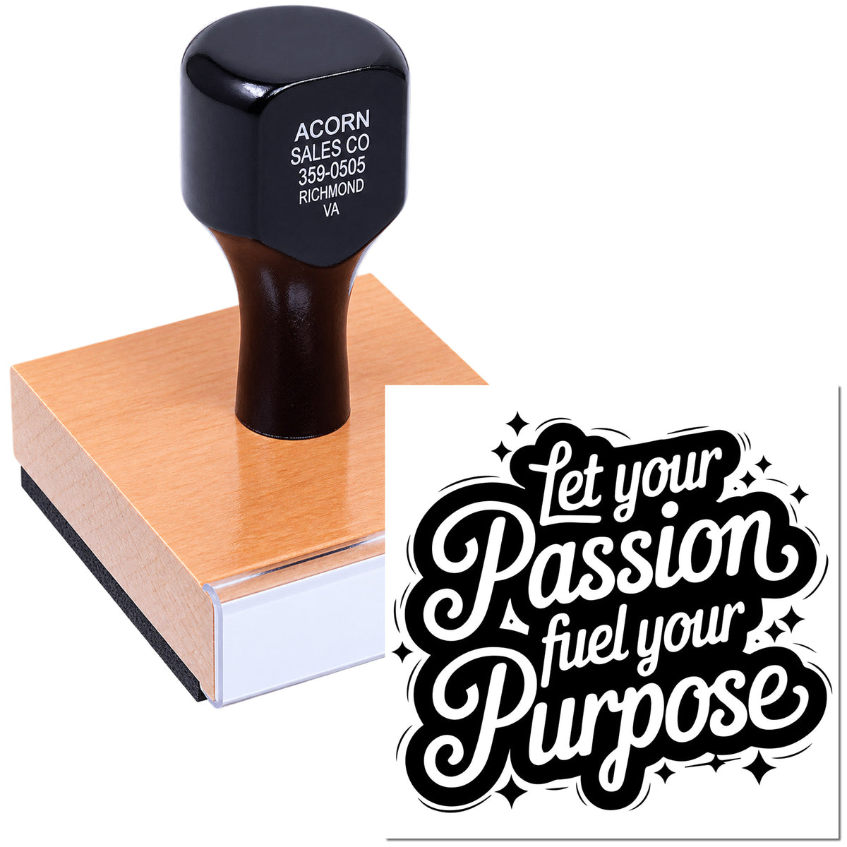 Personalized rubber stamp with Let Your Passion Fuel Your Purpose design for branding, packaging, and crafts.