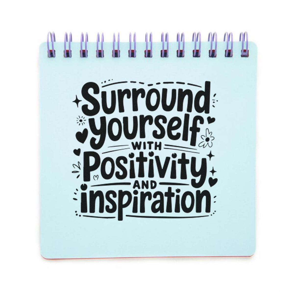 Vintage Pro Surround Yourself With Positivity Premium Wooden Stamp imprint stamped in black ink. Surround yourself WITH Positivity AND inspiration appears with tiny hearts, flowers, and dotted accents.