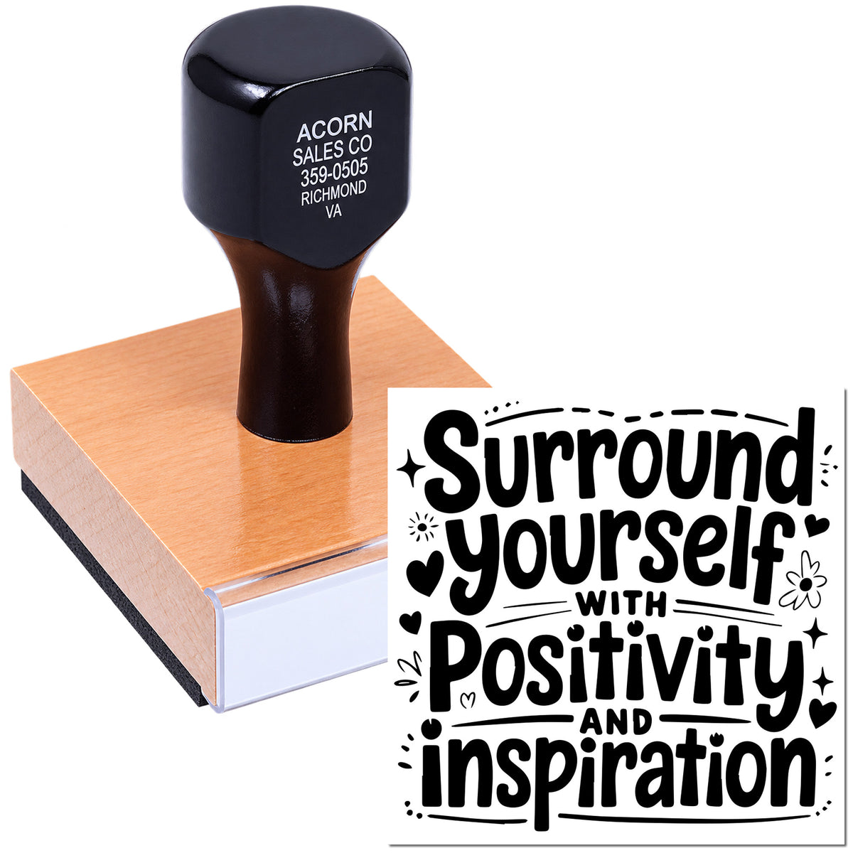Custom rubber stamp with motivational Surround Yourself with Positivity and Inspiration design for crafts and branding.