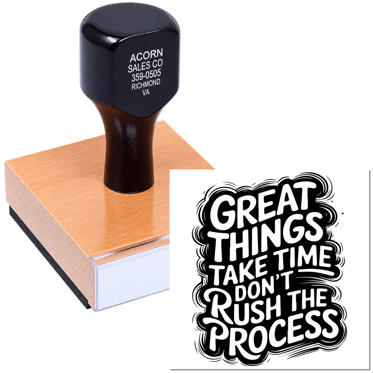 Custom rubber stamp with motivational quote, Great things take time, dont rush the process, for branding and packaging.