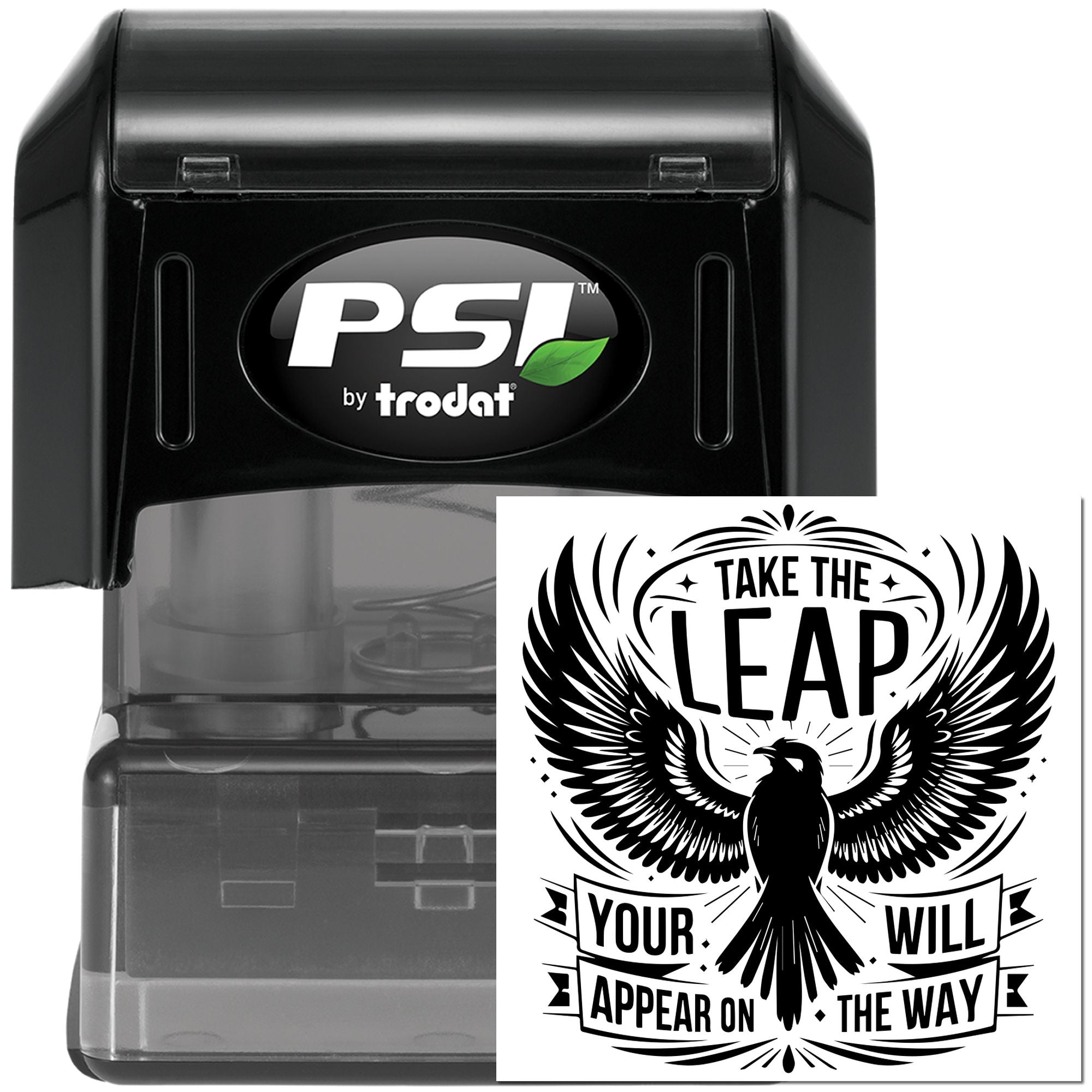 PSI by trodat self-inking rubber stamp with eagle and Take the Leap quote for custom motivational stamping