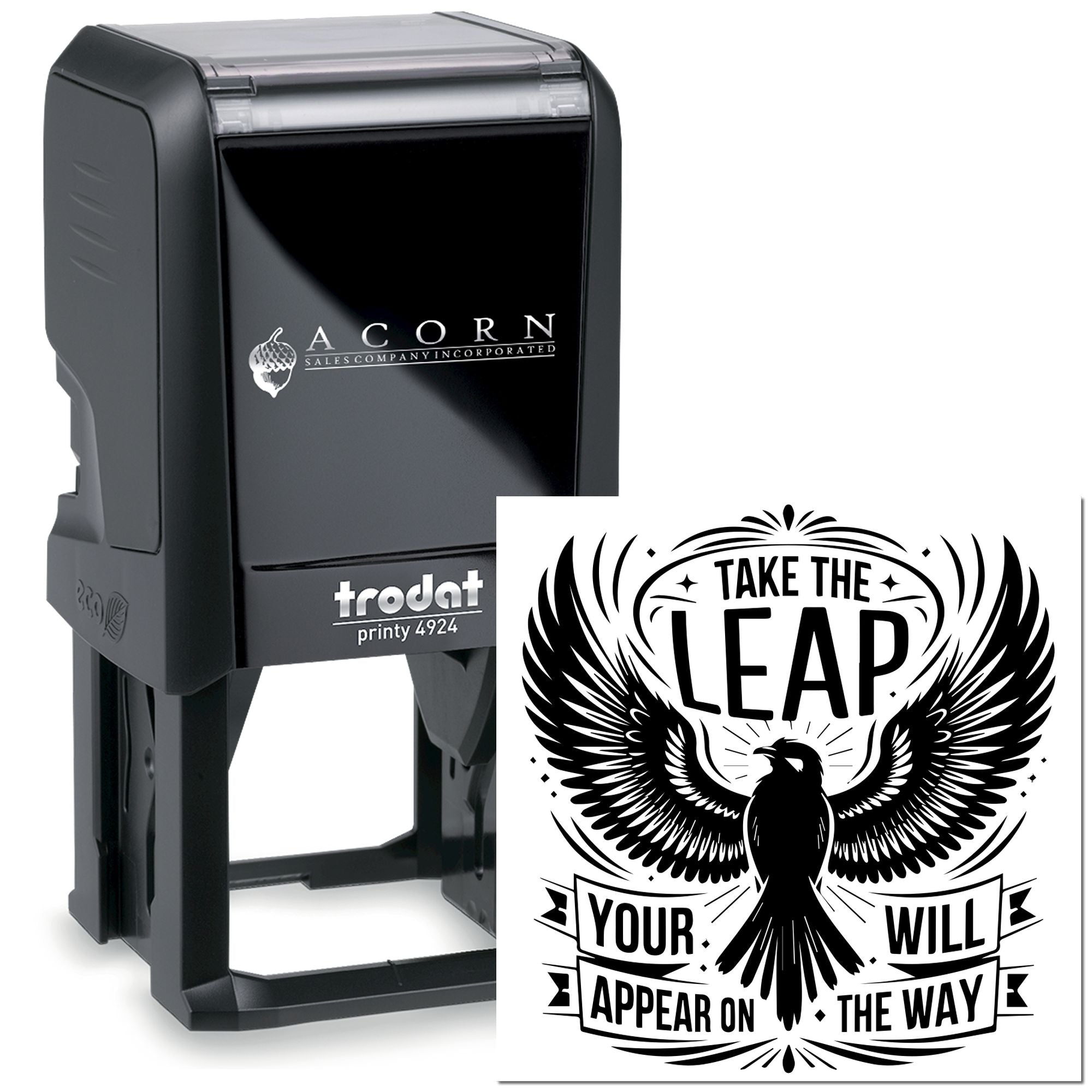 Trodat Printy 4924 custom self-inking rubber stamp with eagle motivational quote for personalized business stamping.