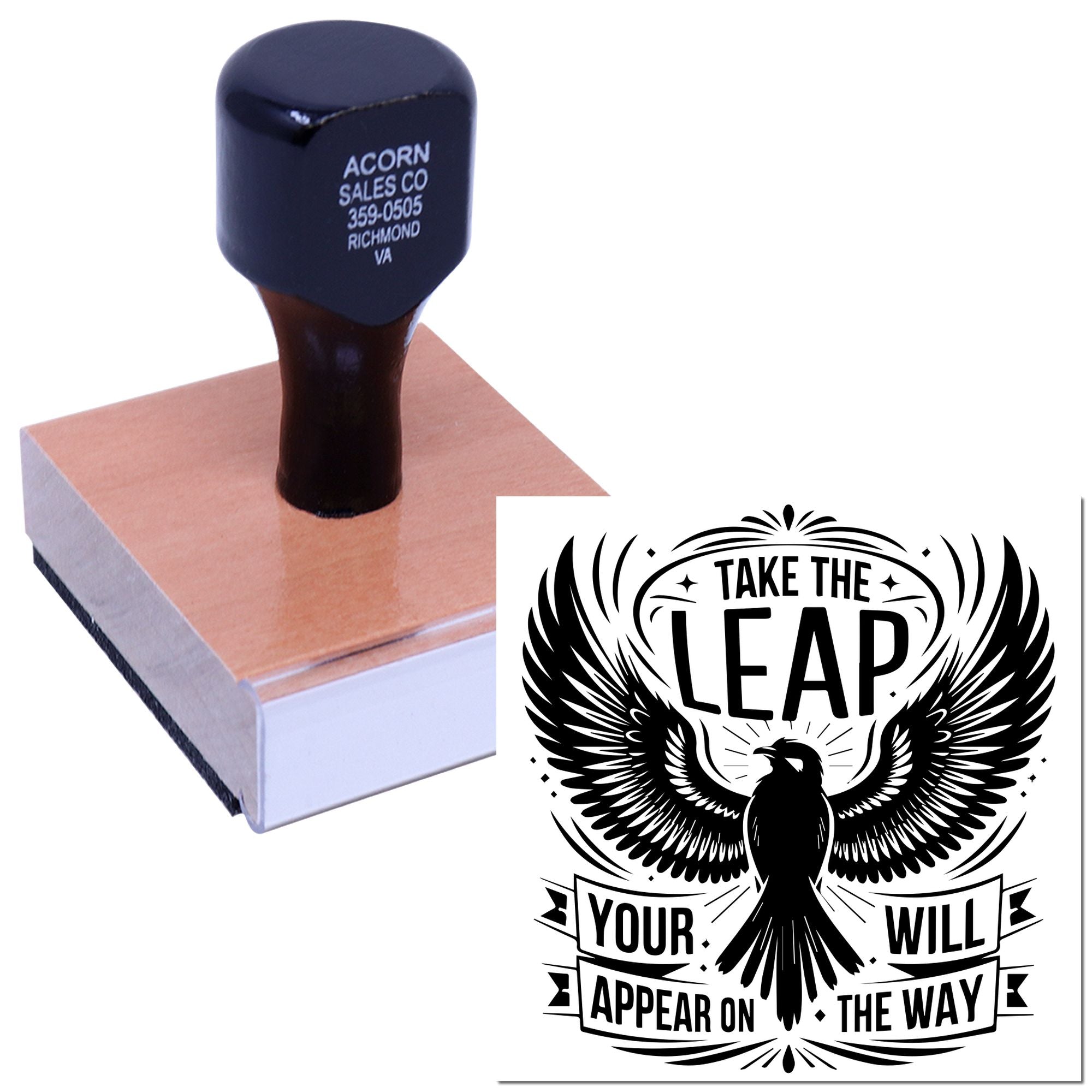 Custom rubber stamp with Take the Leap design for branding, crafts, and handmade business packaging.