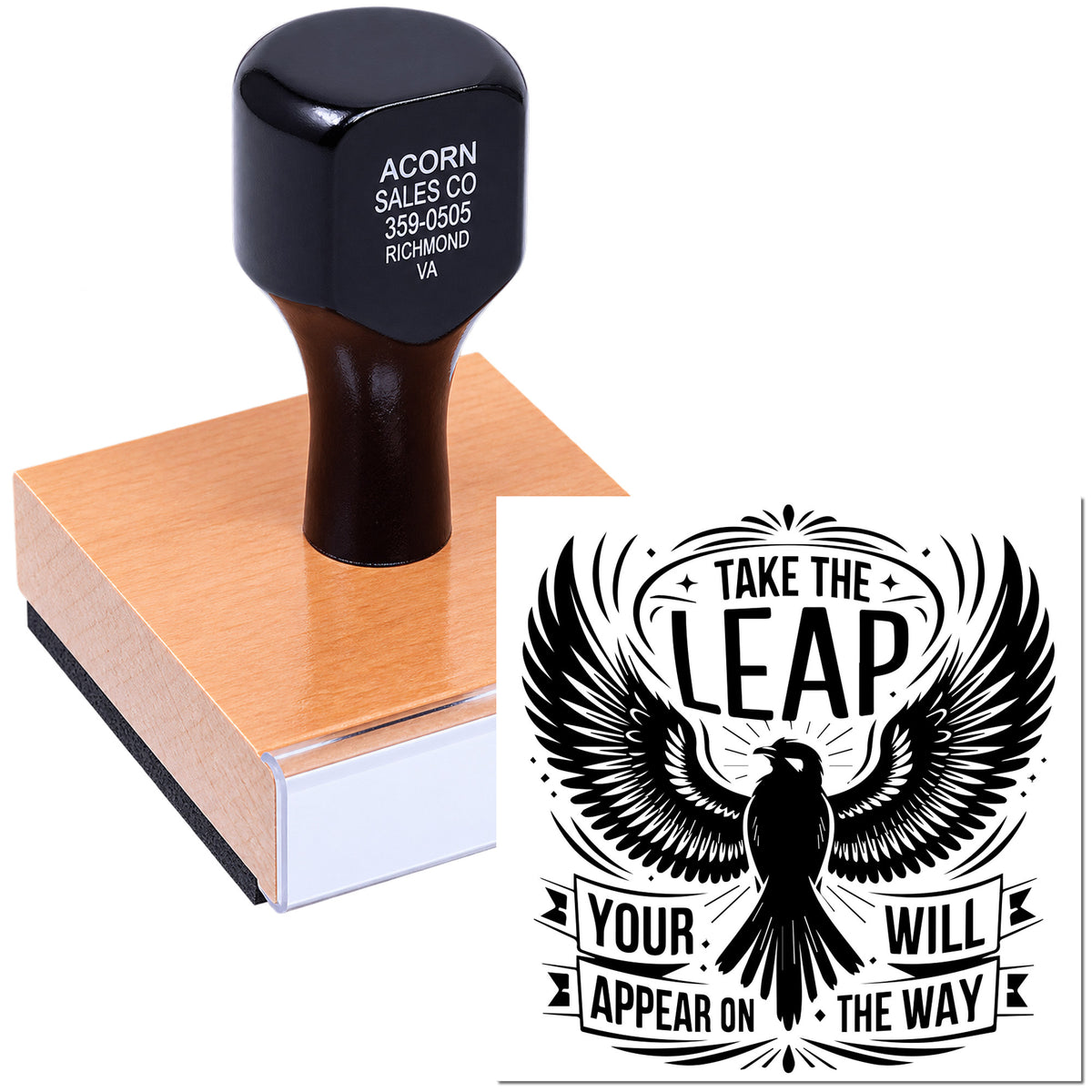 Custom rubber stamp with Take the Leap design for branding, crafts, and handmade business packaging.