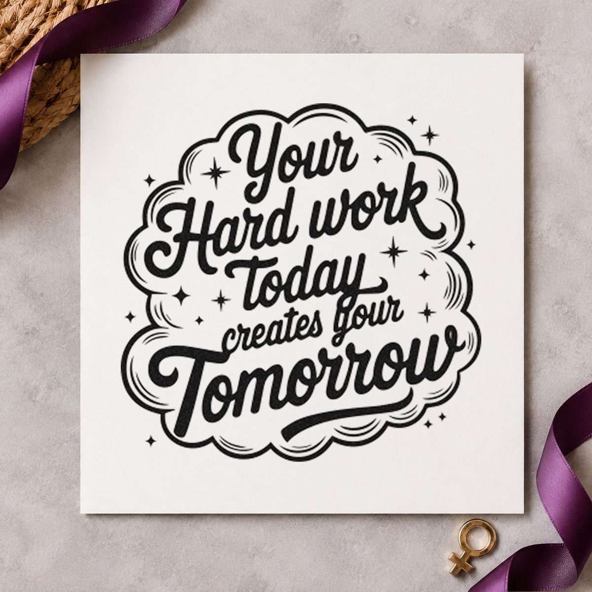 Hard Work Creates Tomorrow craft stamp in black ink on cardstock, an easy option for college album page.