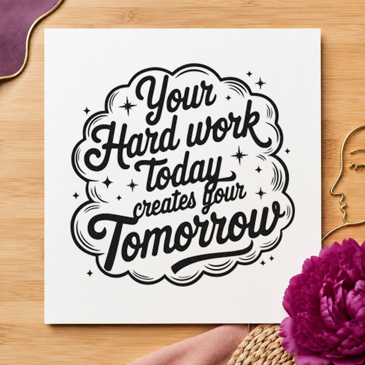 Hard Work Creates Tomorrow craft stamp imprint in black ink on a handmade project, one idea being care box gift tags.