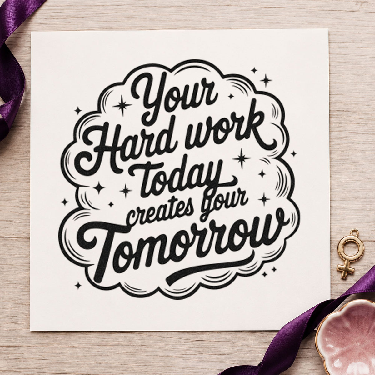 Hard Work Creates Tomorrow rubber stamp printed in black ink, ready for term deadline sheet and similar paper crafts.