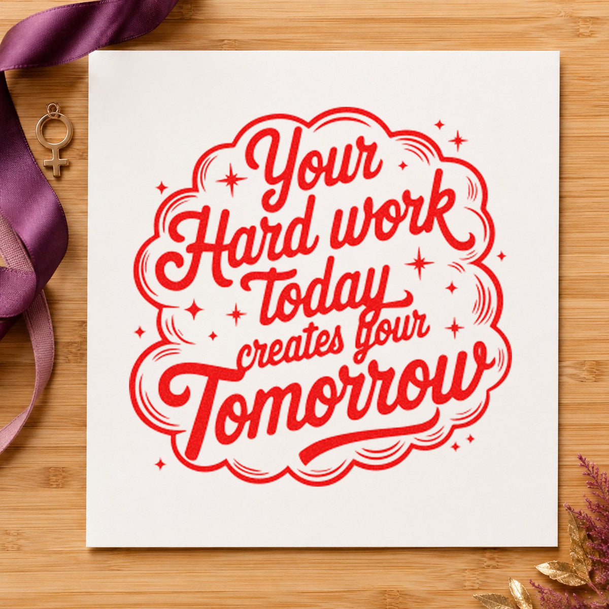 Hard Work Creates Tomorrow rubber stamp shown in red ink, stamped for projects such as drawer course labels.