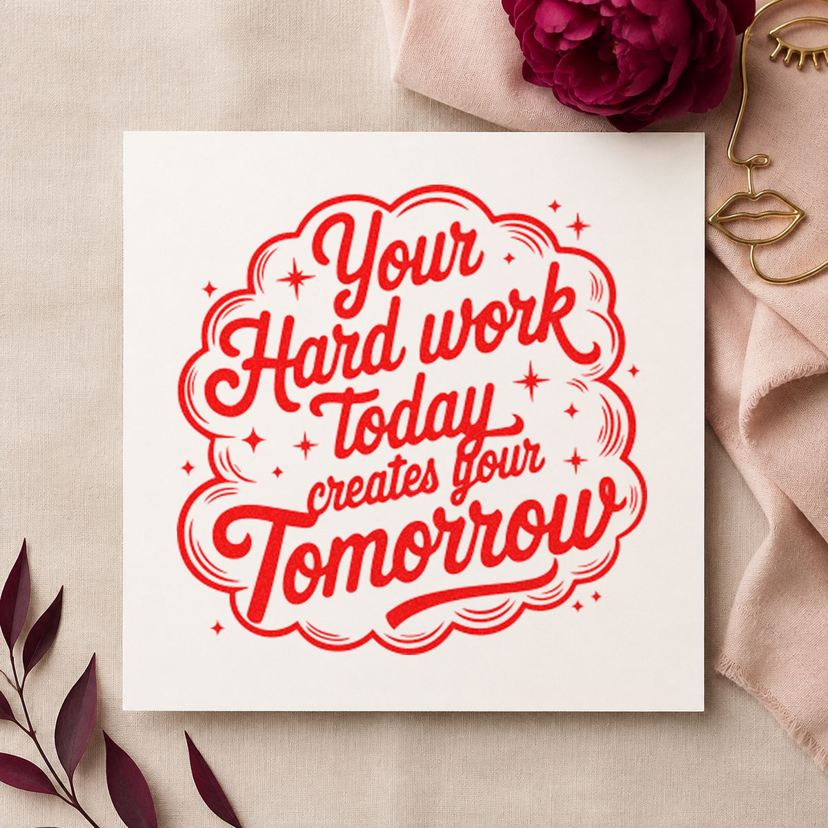 Hard Work Creates Tomorrow craft stamp imprint in red ink on a handmade project, one idea being home call cards.