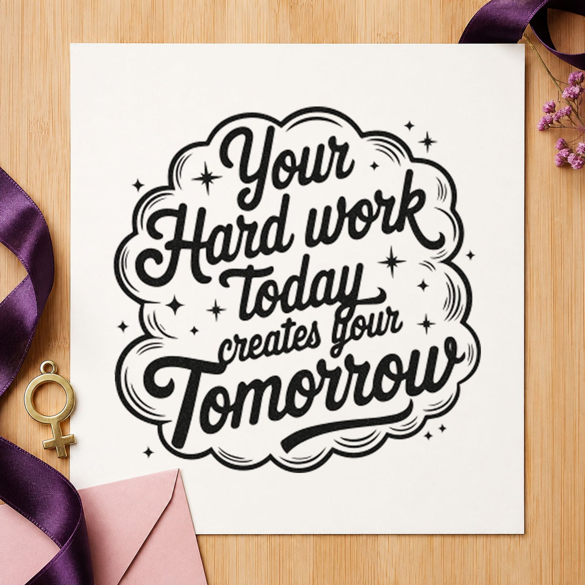 Hard Work Creates Tomorrow rubber stamp printed in black ink, ready for cloud sparkle cards and similar paper crafts.