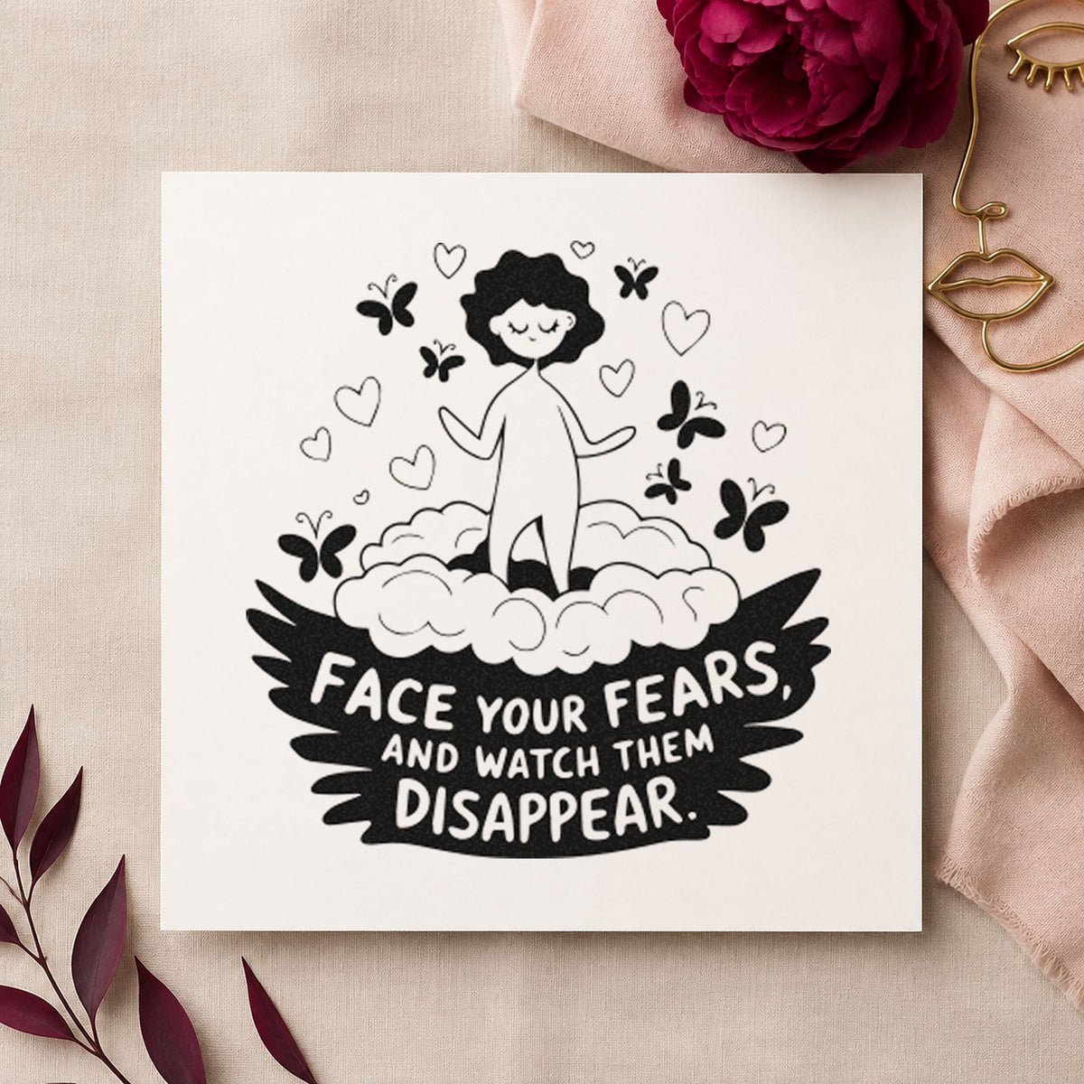 Face Fears Floating Child craft stamp imprint in black ink on a handmade project, one idea being overnight bag tags.