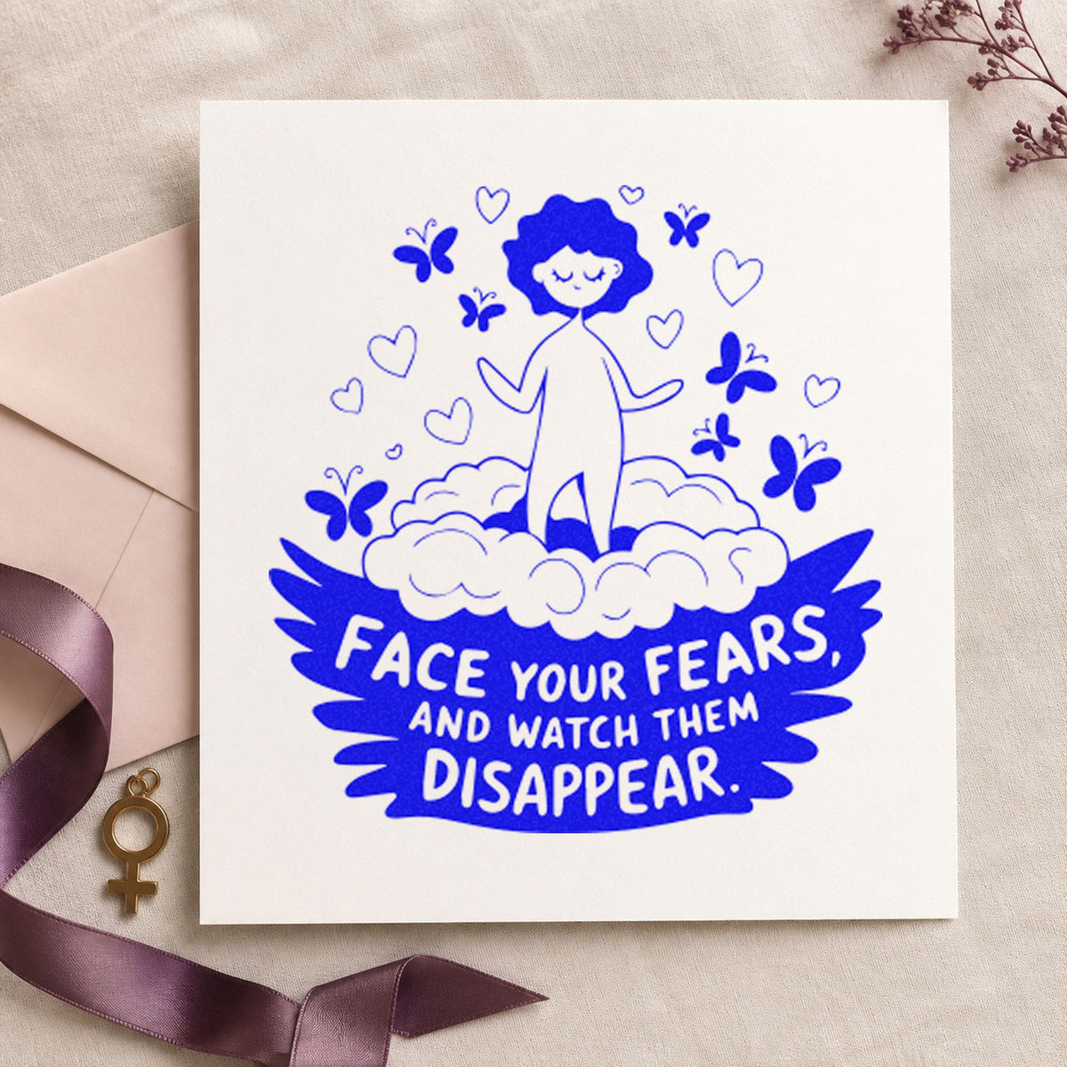 Face Fears Floating Child craft stamp in blue ink on cardstock, an easy option for pillowcase printing.