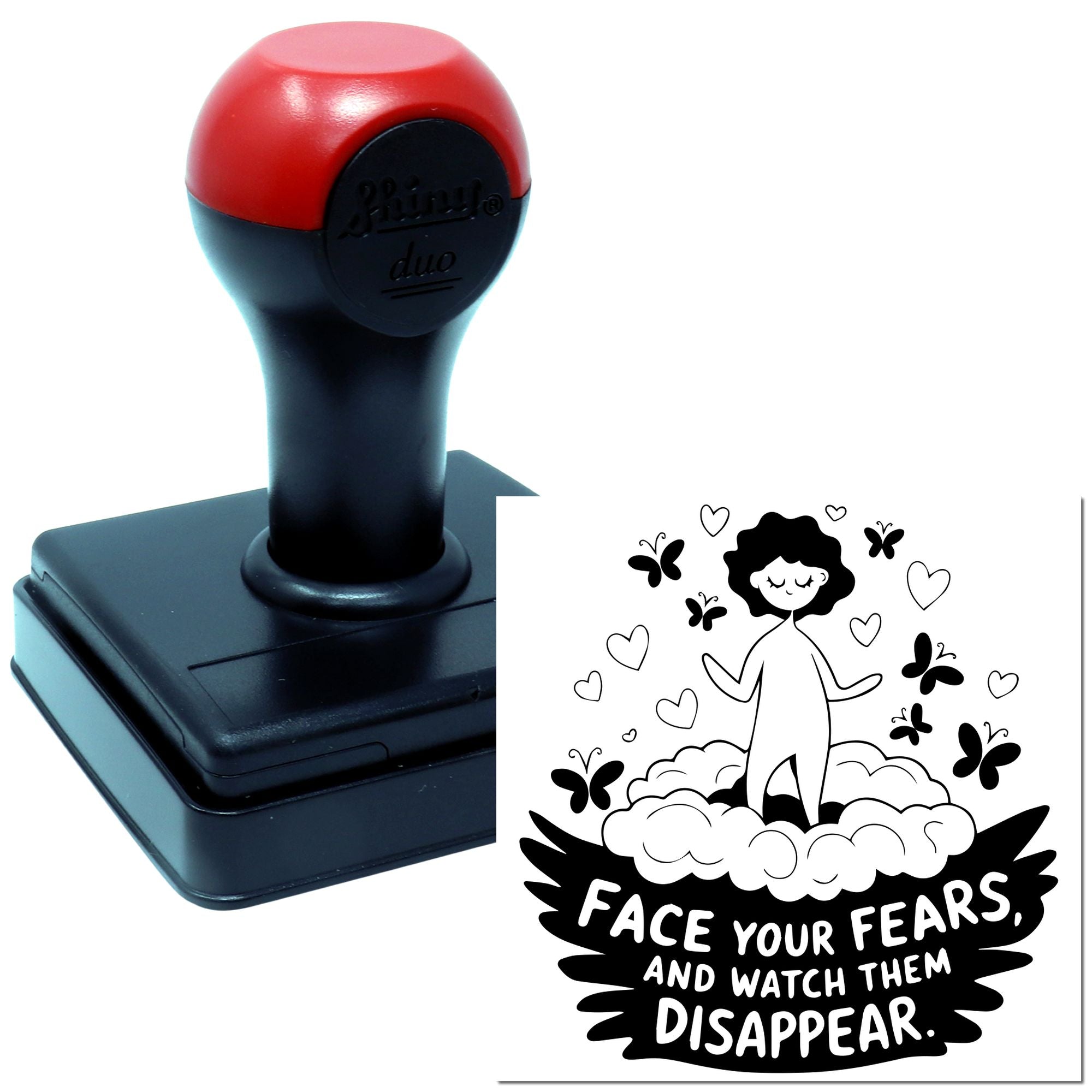 Self-inking rubber stamp with inspirational butterfly quote design for custom motivational stamping.