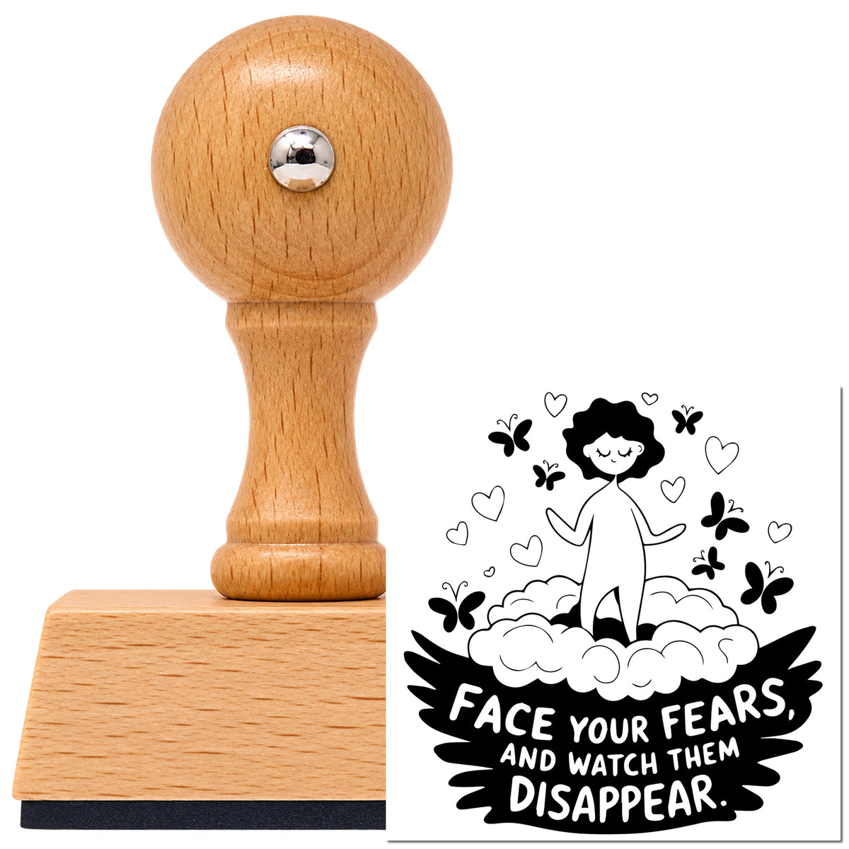 Face Fears Floating Child Butterfly Vintage Pro rubber stamp in European beech wood with a round knob handle, shown beside its black imprint.
