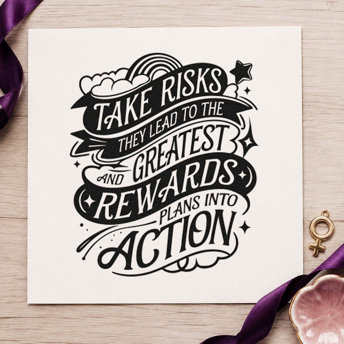 Take Risks Greatest Rewards craft stamp in black ink on cardstock, an easy option for campaign album page.