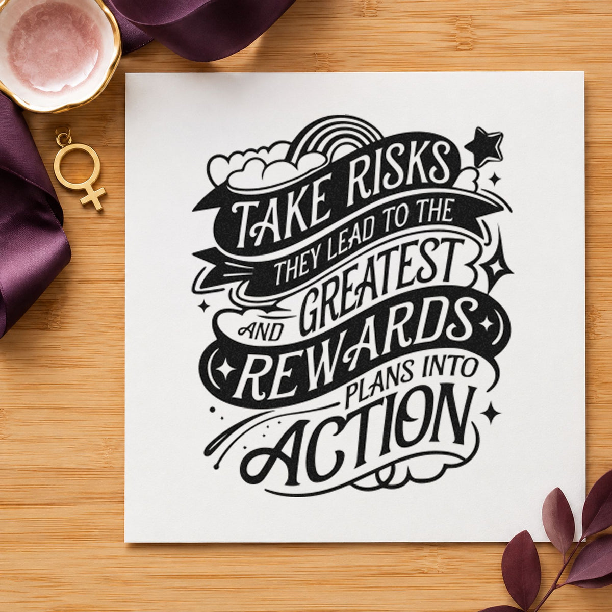 Take Risks Greatest Rewards rubber stamp printed in black ink, ready for reward track sheet and similar paper crafts.