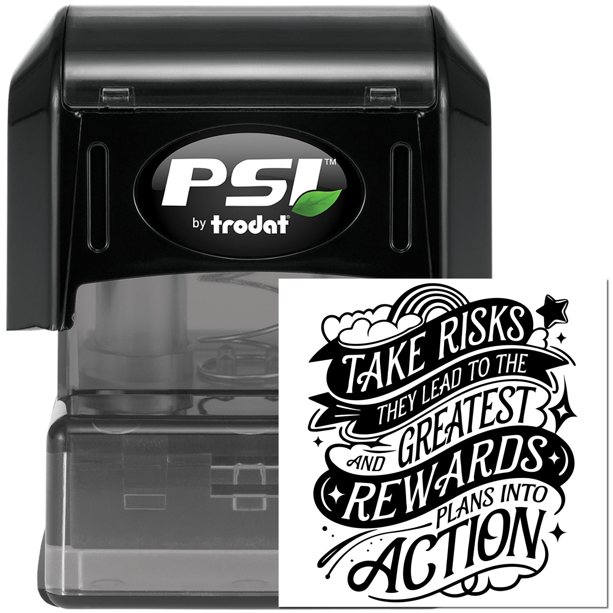 PSI by Trodat self-inking rubber stamp with Take Risks motivational quote for planners, journals, and business use.
