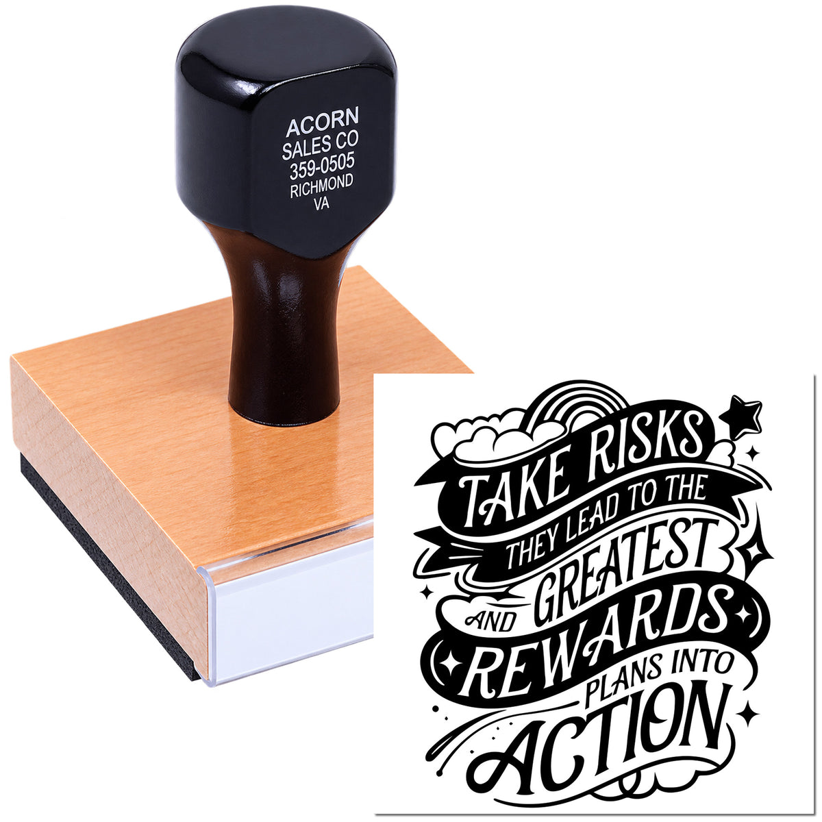Custom rubber stamp with inspirational quote design, ideal for branding, crafts, and business marking.