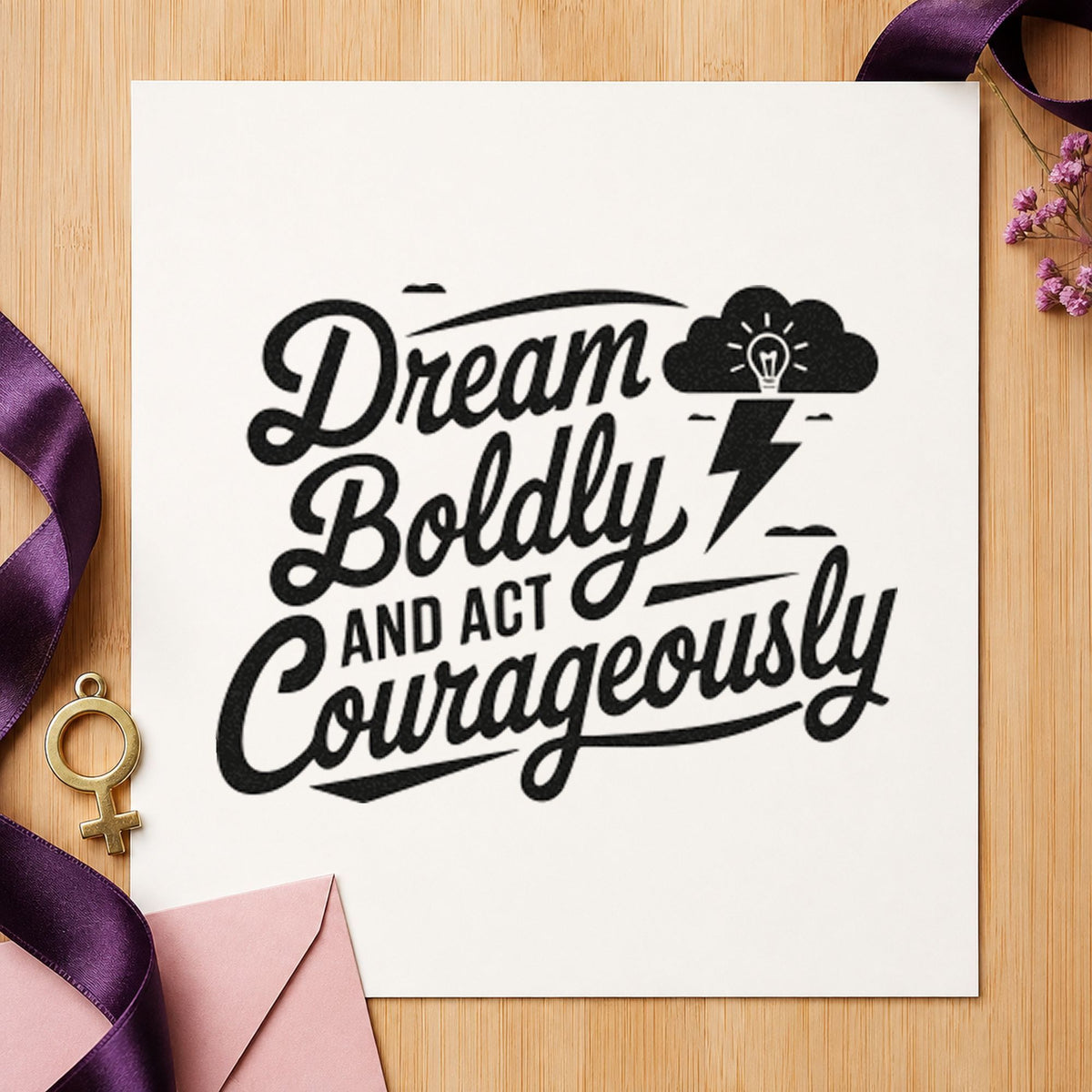 Dream Boldly Act Courageously craft stamp in black ink on cardstock, an easy option for weather album page.