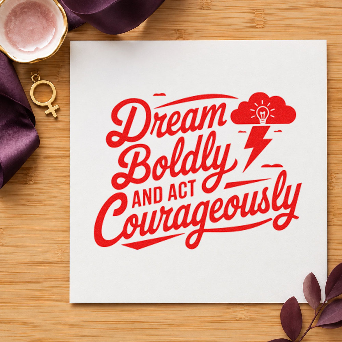 Dream Boldly Act Courageously rubber stamp shown in red ink, stamped for projects such as bin instrument labels.