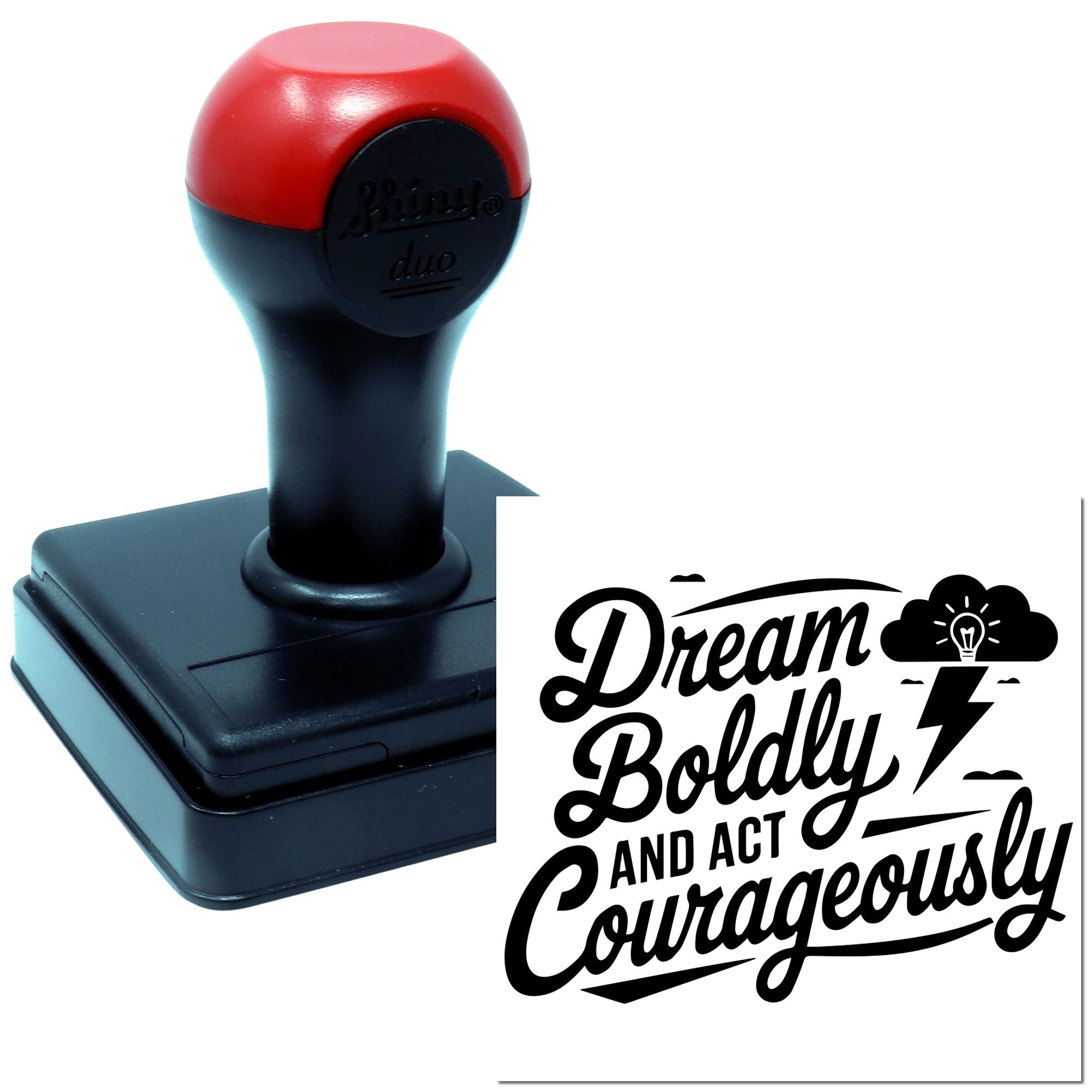 Self-inking rubber stamp with Dream Boldly and Act Courageously quote for inspirational crafting and branding.