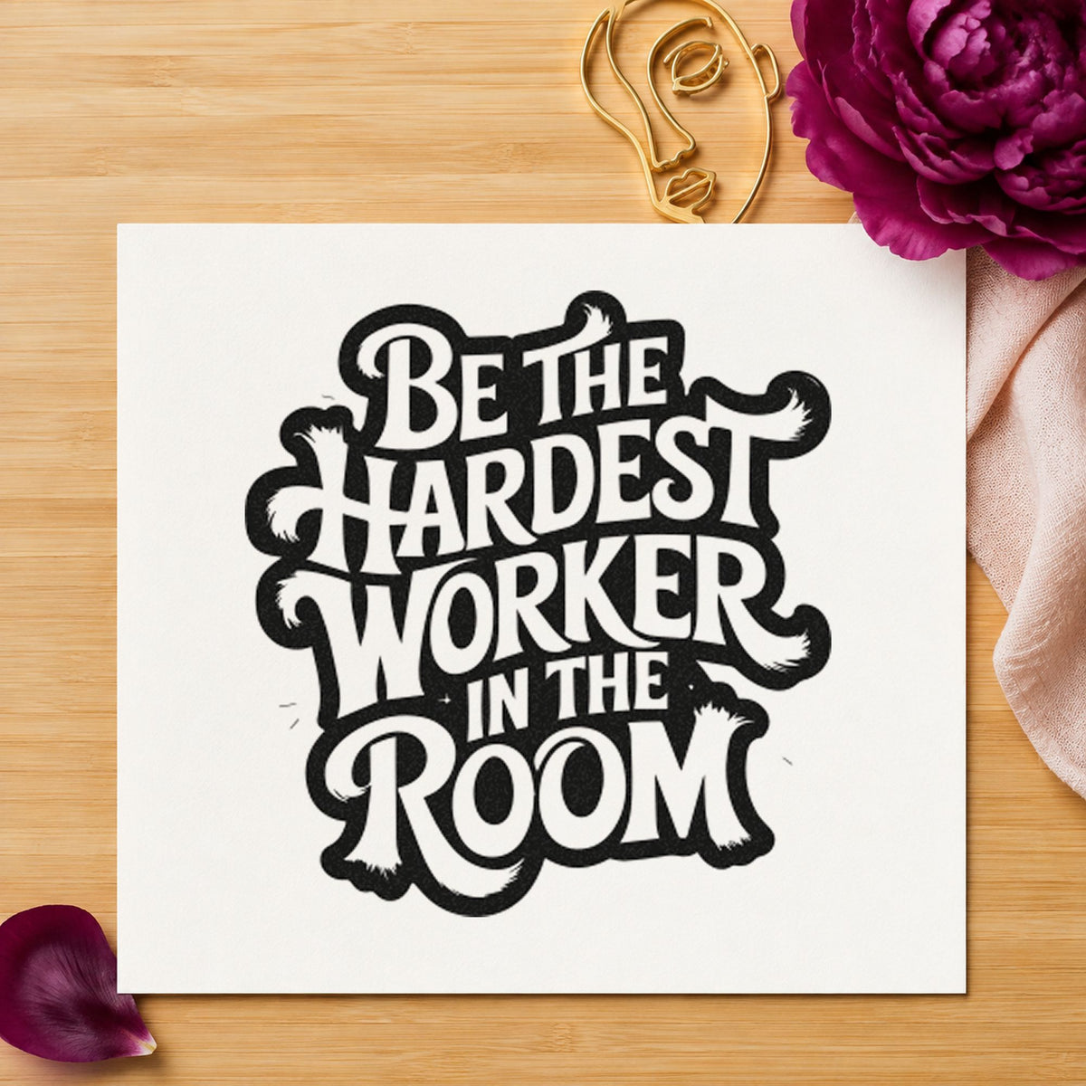 Hardest Worker In Room craft stamp in black ink on cardstock, an easy option for preseason album page.