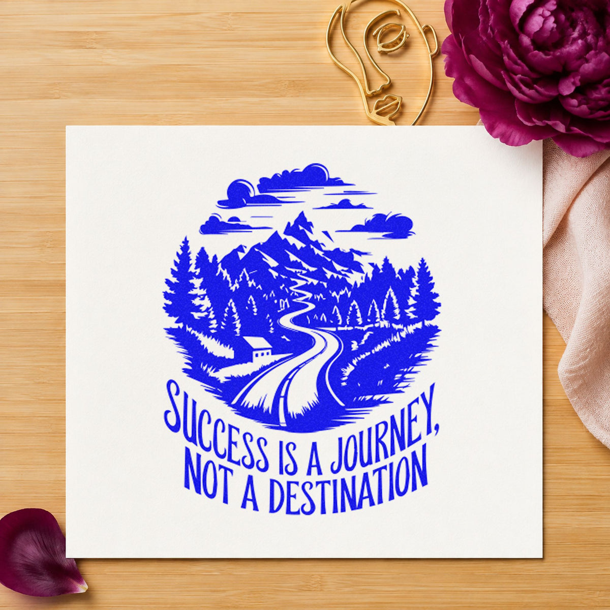 Success Journey Mountain Road craft stamp in blue ink on cardstock, an easy option for run cap printing.
