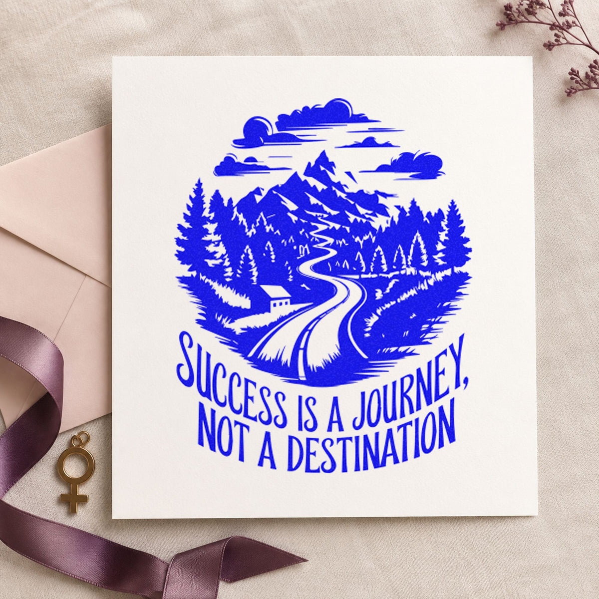 Success Journey Mountain Road craft stamp imprinted in blue ink on paper, a design suited to framed hall map.