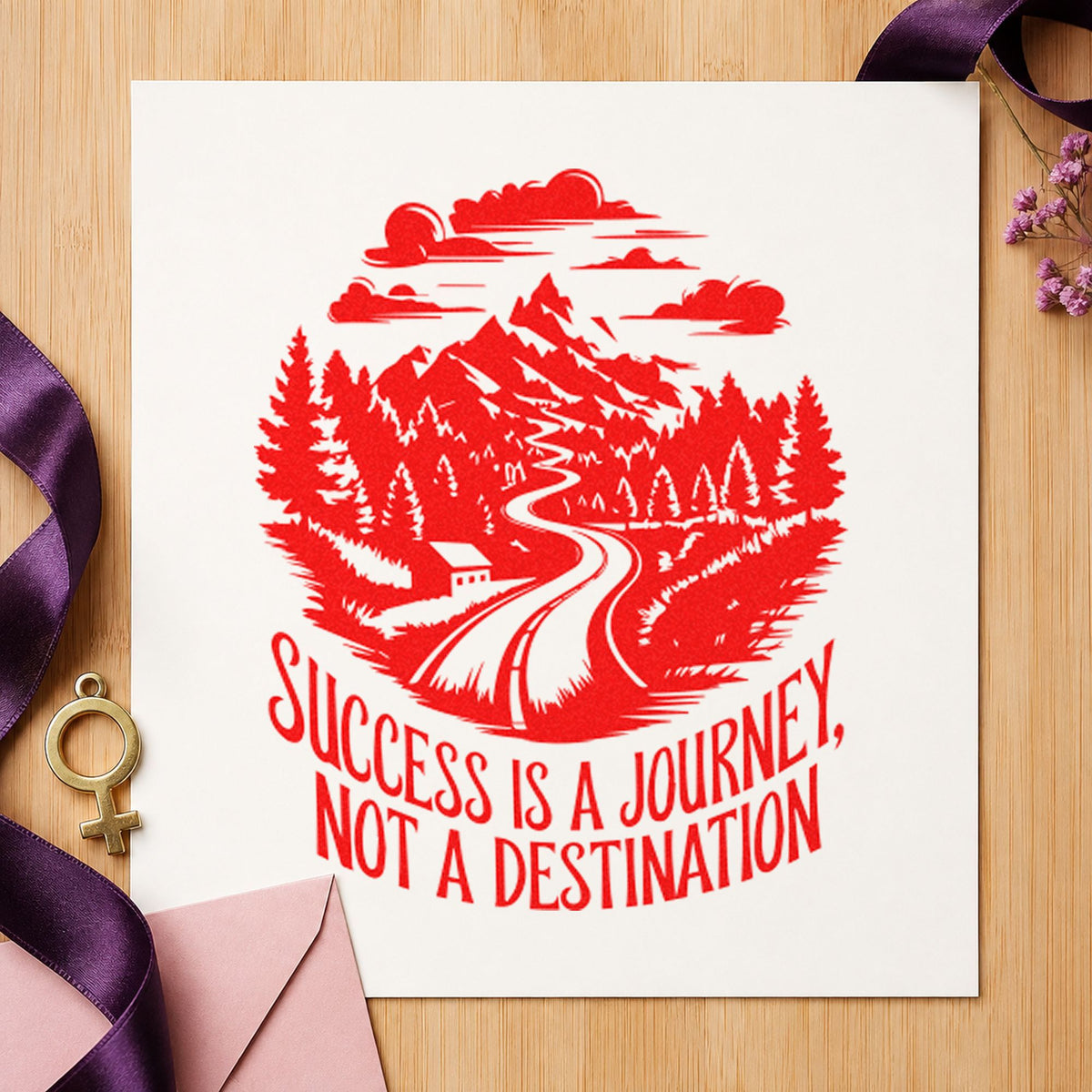Success Journey Mountain Road craft stamp imprint in red ink on a handmade project, one idea being block log cards.