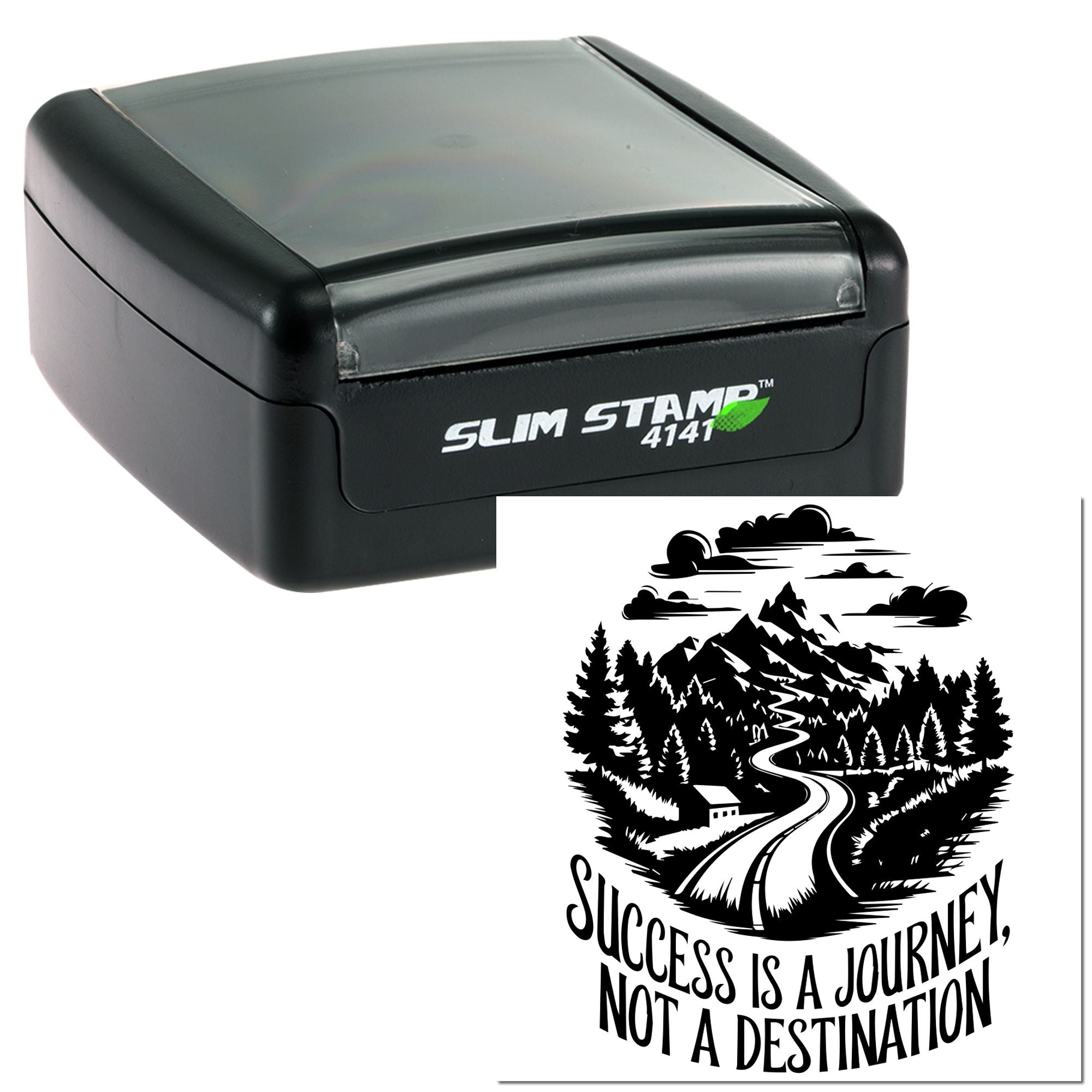 Custom self-inking rubber stamp with mountain road artwork and quote, Success is a journey, not a destination.