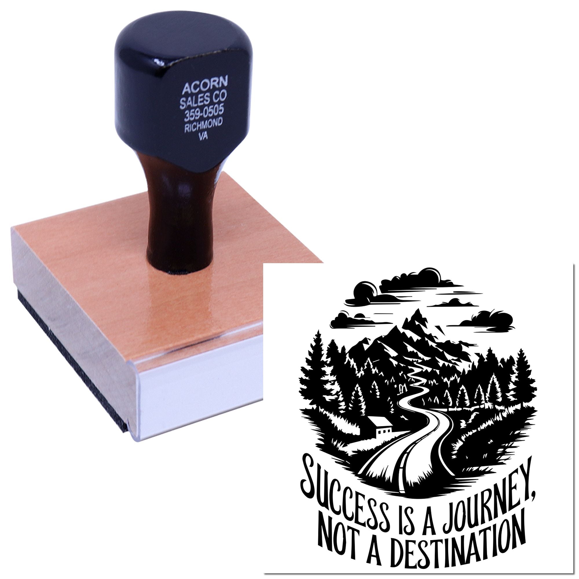 Custom rubber stamp for business branding, showing a personalized address stamp and scenic motivational logo design.