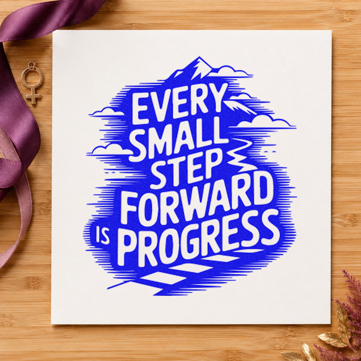 Every Small Step Progress craft stamp imprinted in blue ink on paper, a design suited to framed boot room.
