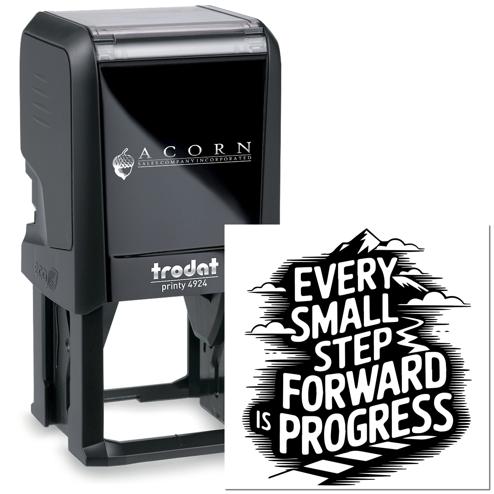 Trodat self-inking rubber stamp with custom motivational quote, Every small step forward is progress, for office stamping.