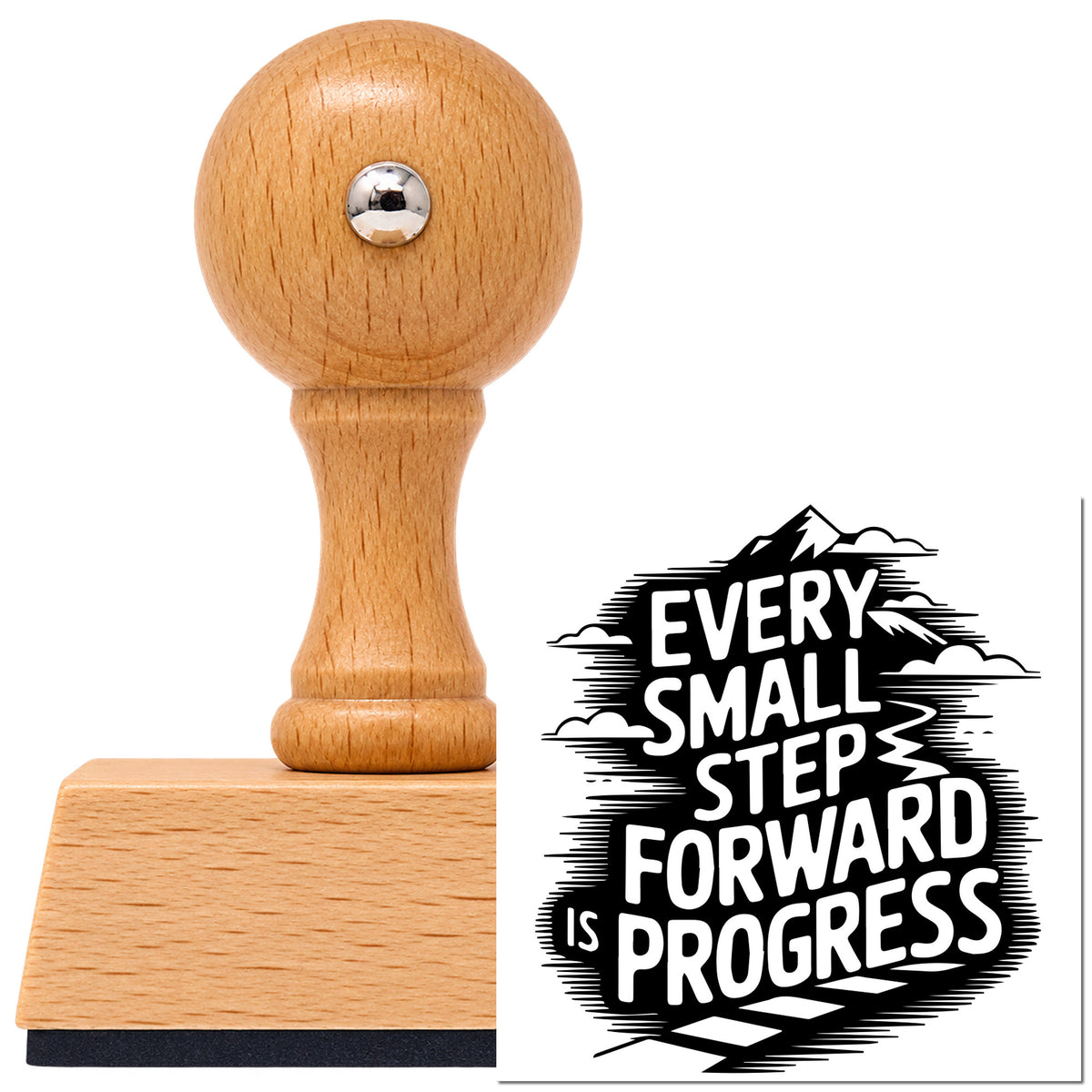 Every Small Step Progress Vintage Pro rubber stamp in European beech wood with a round knob handle, shown beside its black imprint.