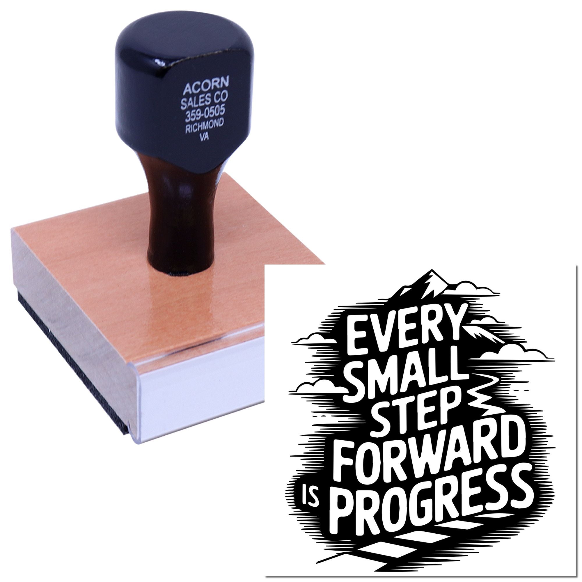 Custom rubber stamp with motivational quote design: Every small step forward is progress for business or craft projects.