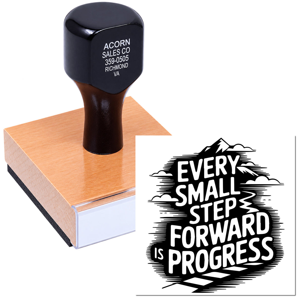 Custom rubber stamp with motivational quote design: Every small step forward is progress for business or craft projects.