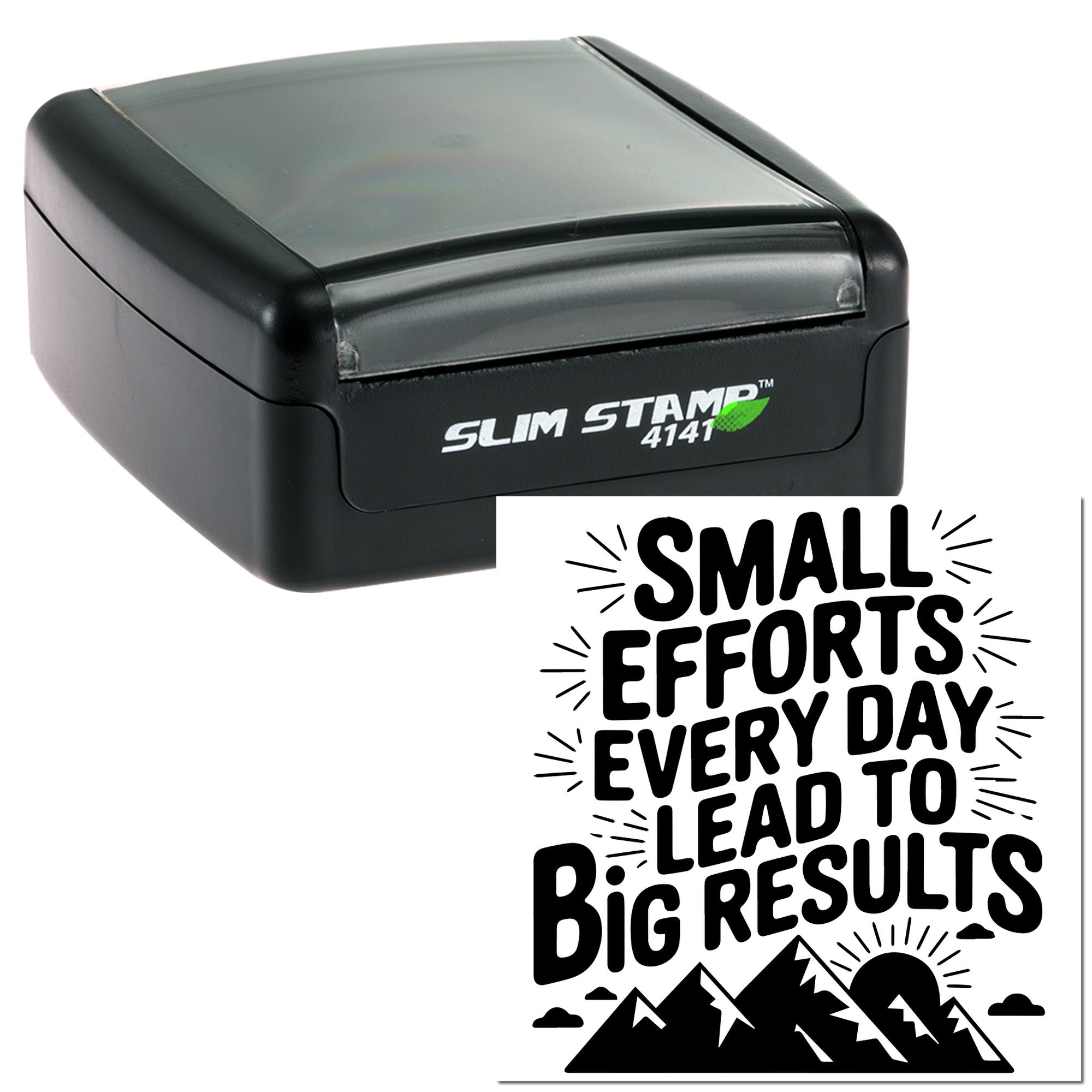 Slim self-inking rubber stamp with motivational quote, Small efforts every day lead to big results, for business branding.