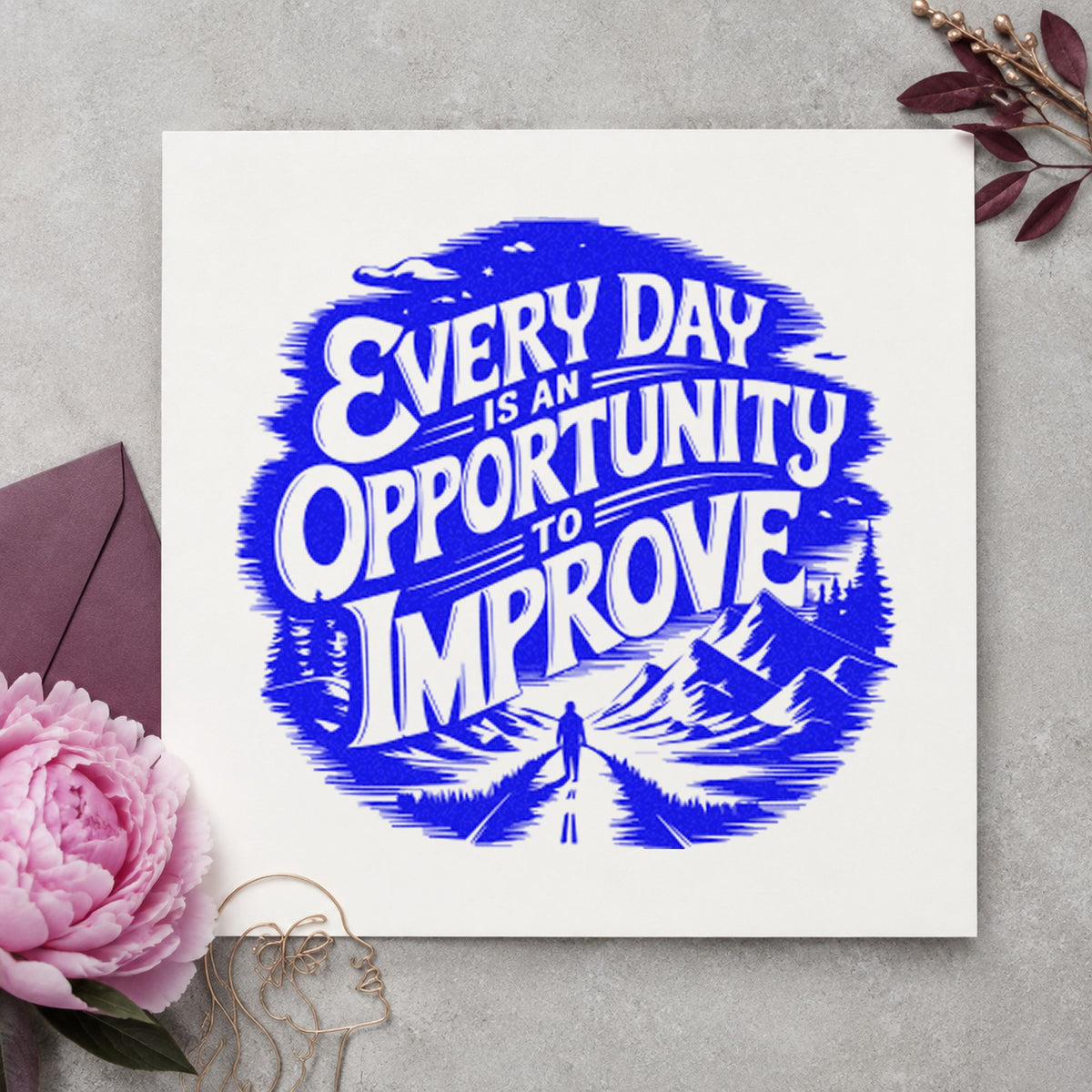 Every Day Opportunity Improve craft stamp in blue ink on cardstock, an easy option for team jacket printing.