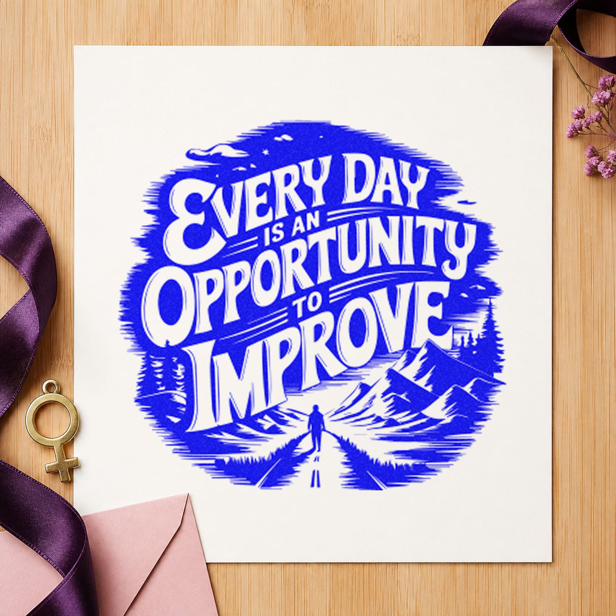 Every Day Opportunity Improve craft stamp imprinted in blue ink on paper, a design suited to framed club lounge.