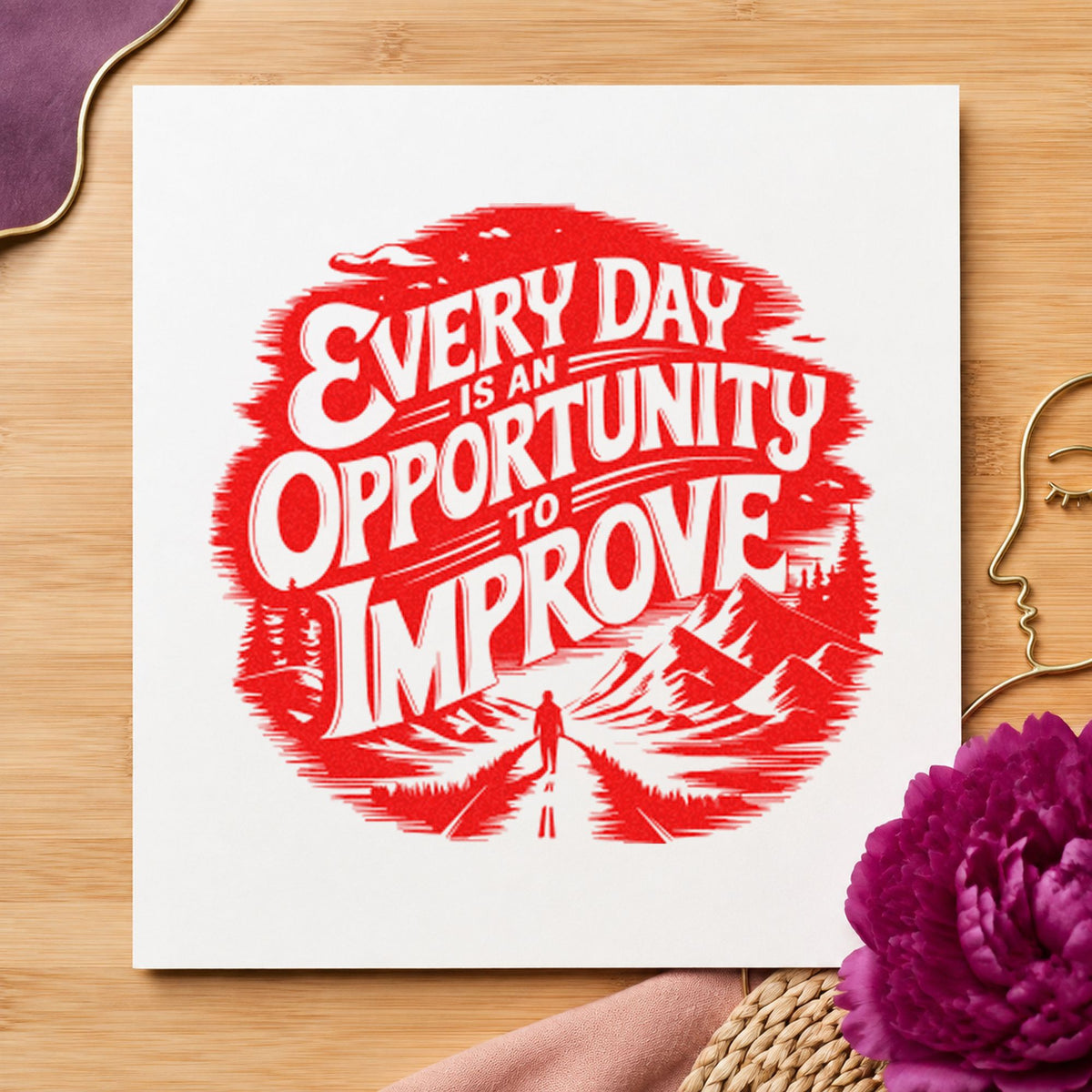 Every Day Opportunity Improve craft stamp imprint in red ink on a handmade project, one idea being draw plan cards.