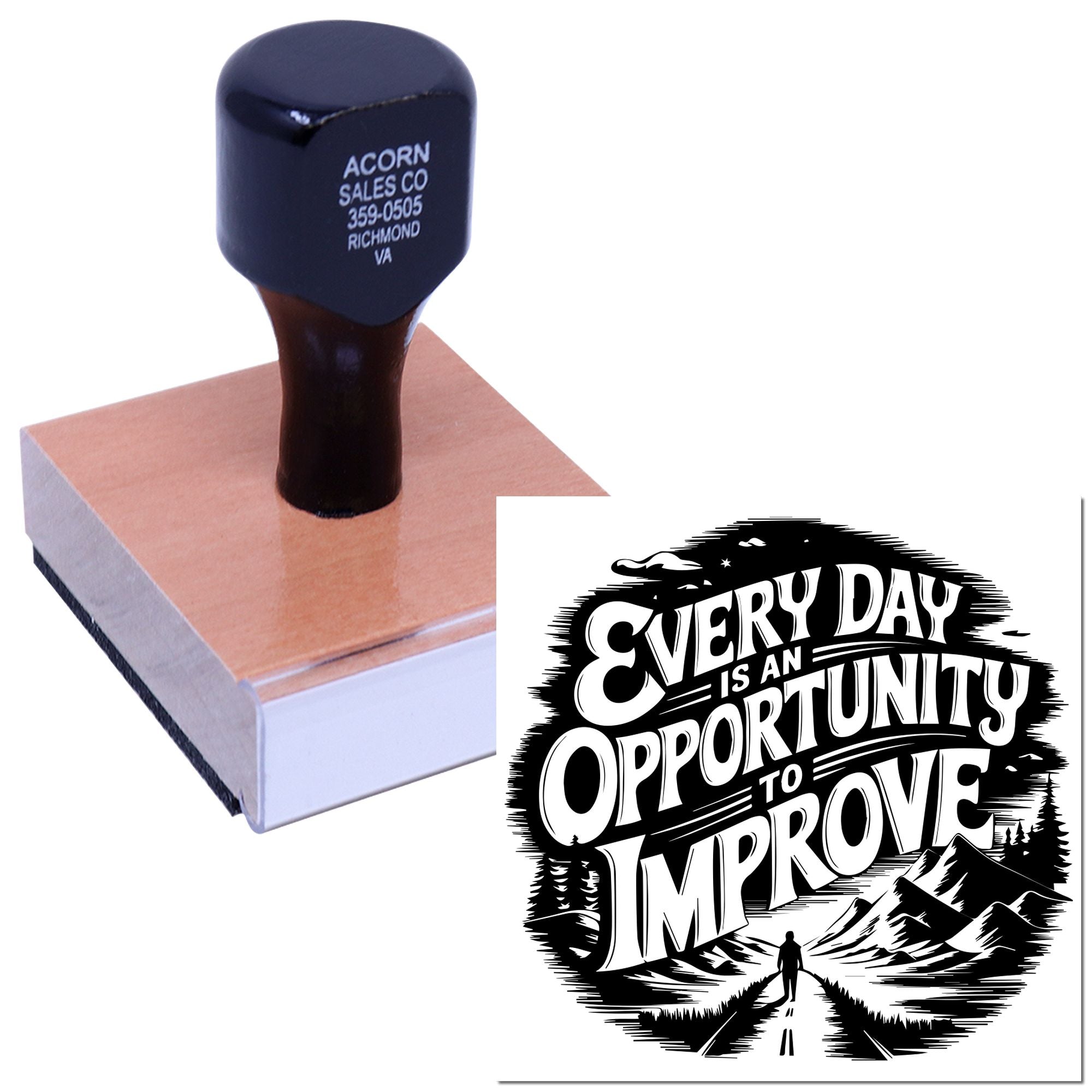 Wood-mounted custom rubber stamp featuring an inspirational quote for business branding and motivational messages.