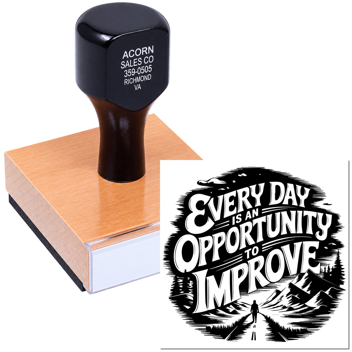 Wood-mounted custom rubber stamp featuring an inspirational quote for business branding and motivational messages.