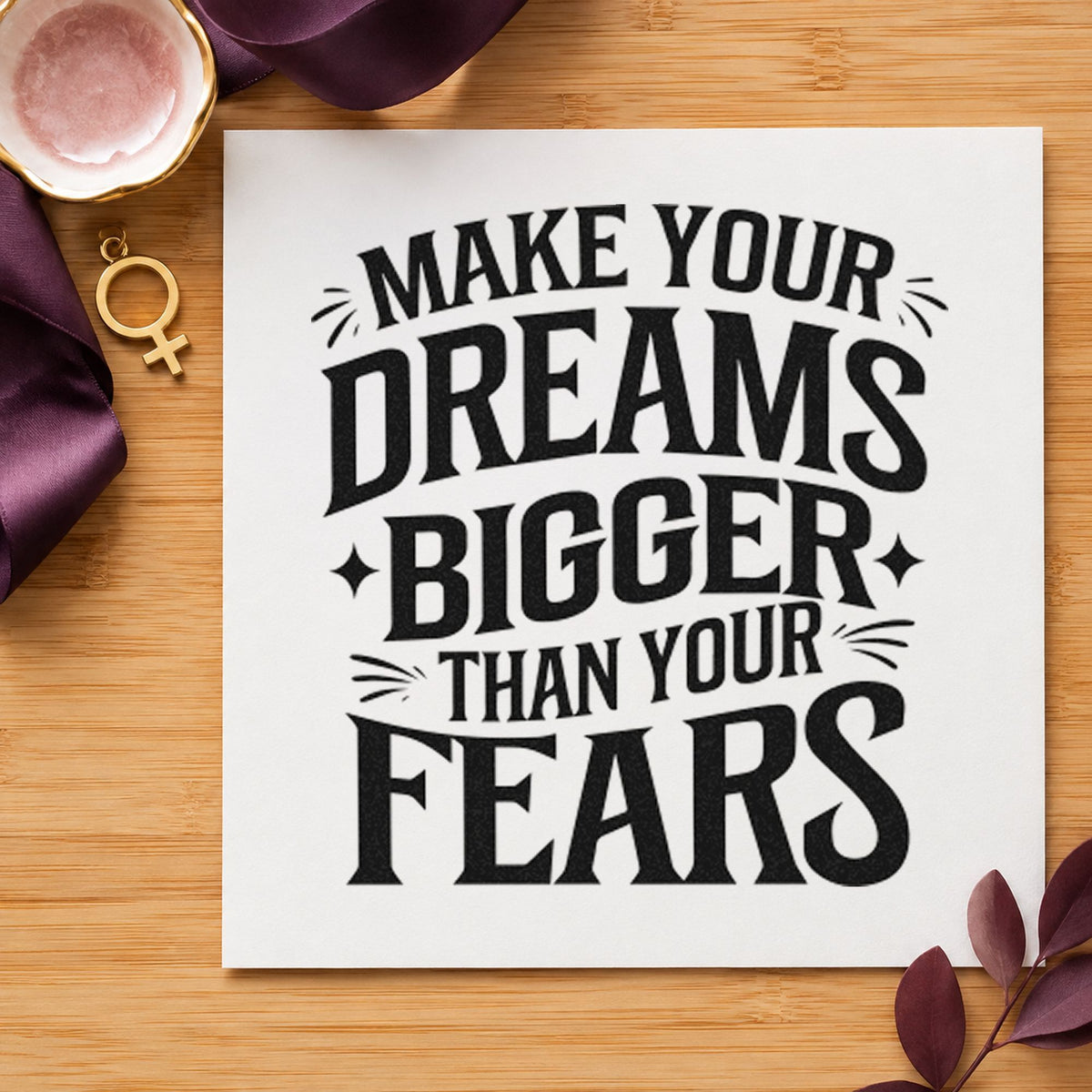 Dreams Bigger Than Fears craft stamp imprint in black ink on a handmade project, one idea being tack gift tags.