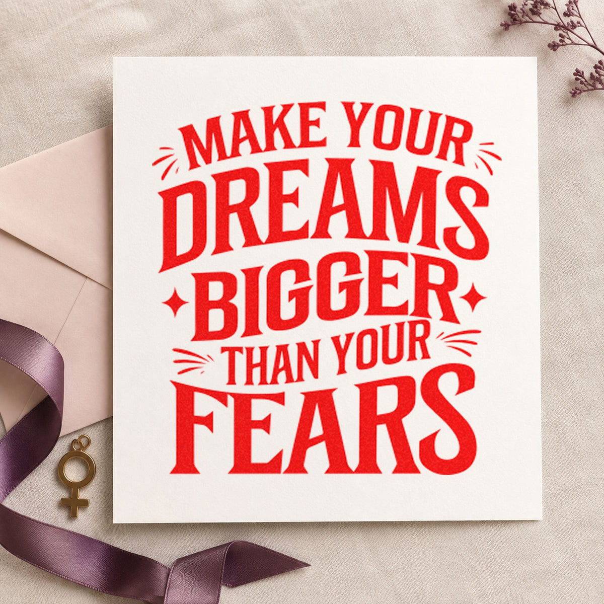 Dreams Bigger Than Fears rubber stamp shown in red ink, stamped for projects such as bin rope labels.