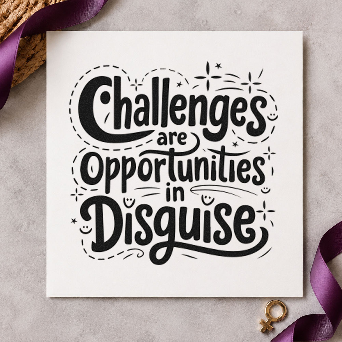 Challenges Opportunities In Disguise craft stamp in black ink on cardstock, an easy option for fix day album page.