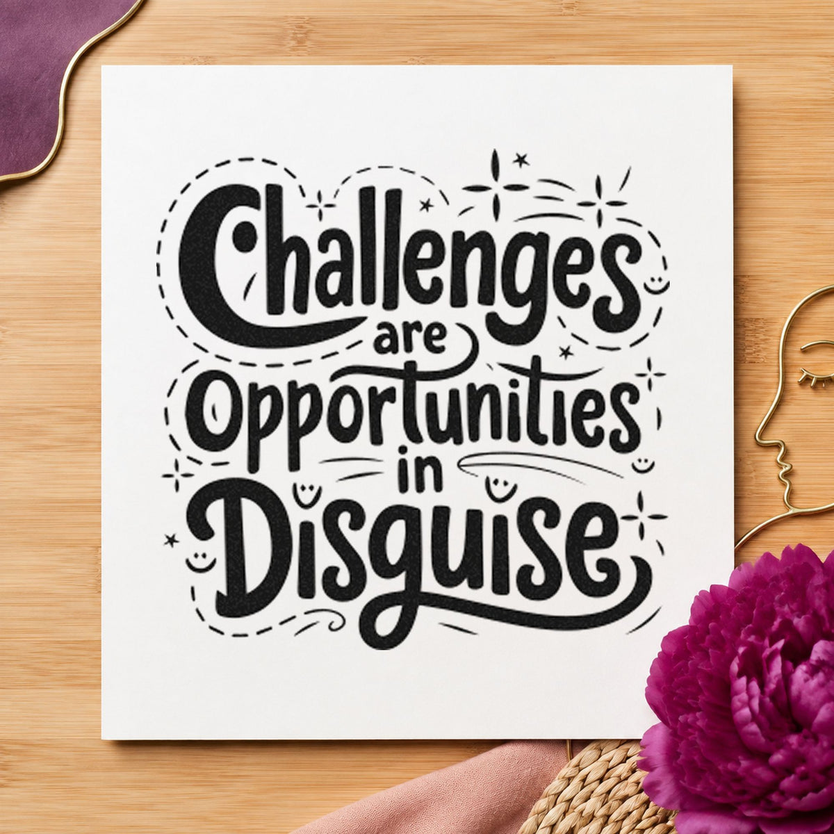 Challenges Opportunities In Disguise craft stamp imprint in black ink on a handmade project, one idea being fixed item gift tags.