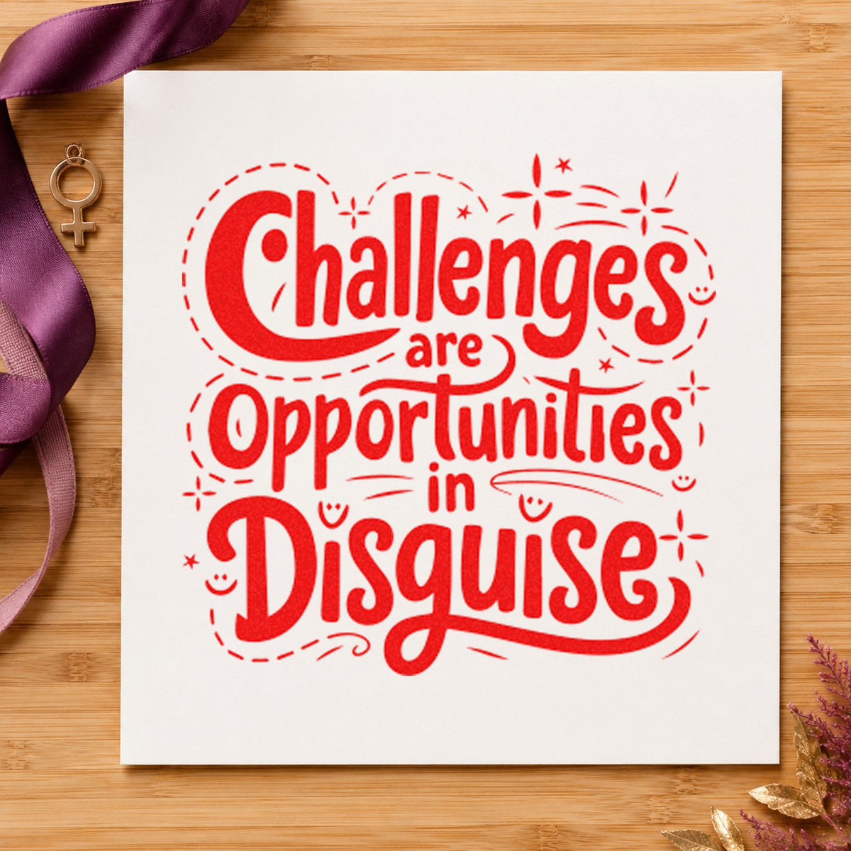 Challenges Opportunities In Disguise rubber stamp shown in red ink, stamped for projects such as bin part labels.